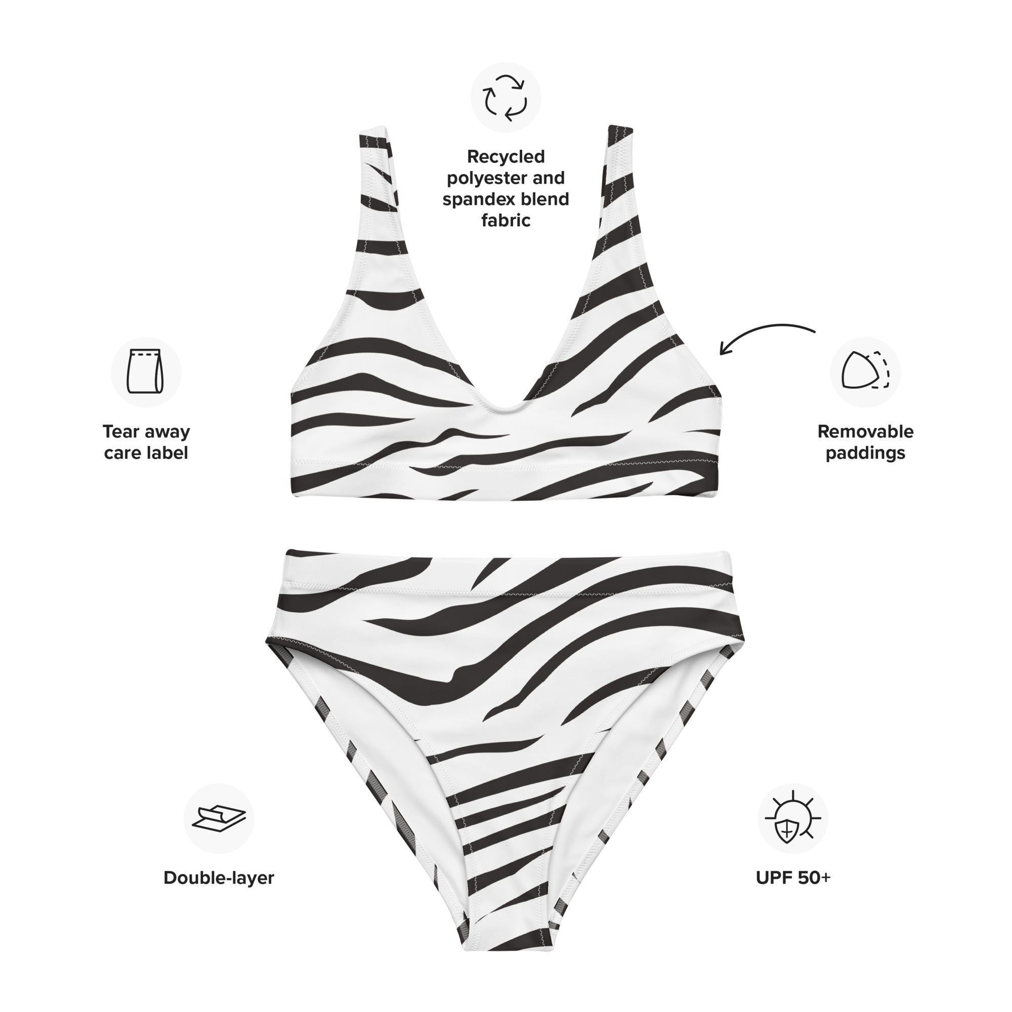 Women's Zebra Print Padded Recycled Bikini - Quick Drying Fabric With UPF 50+