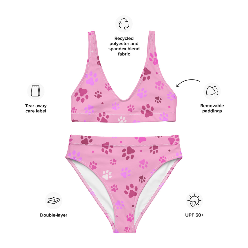 Women's Pink Paw Prints Padded Recycled Bikini - Quick Drying Fabric With UPF 50+