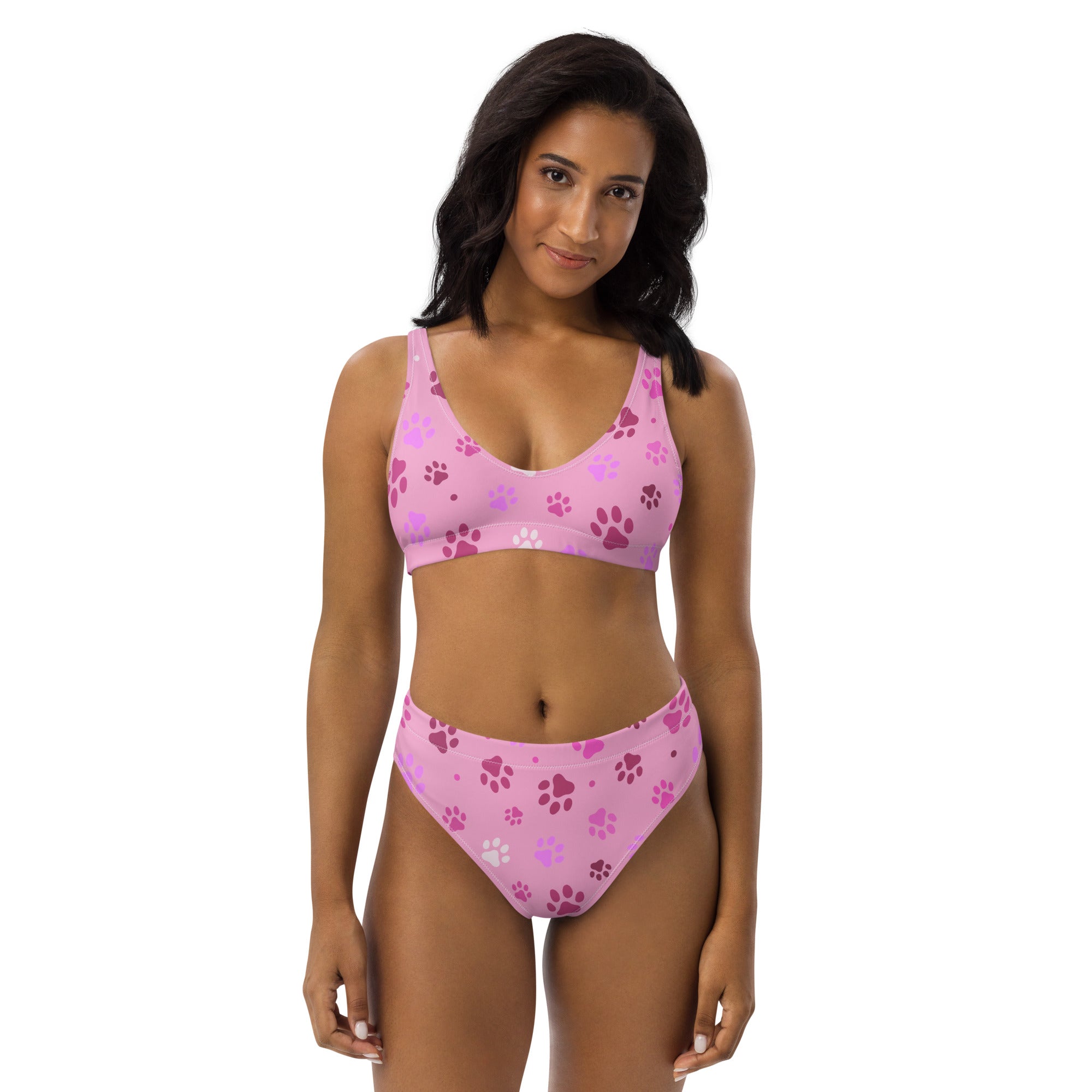 Women's Pink Paw Prints Padded Recycled Bikini - Quick Drying Fabric With UPF 50+