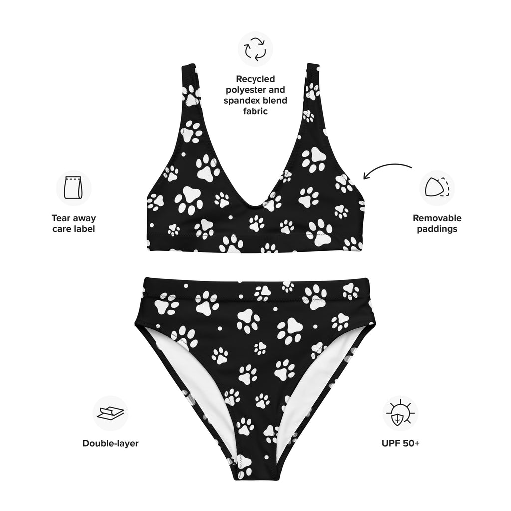 Women's Black & White Paw Print Padded Recycled Bikini - Quick Drying Fabric With UPF 50+