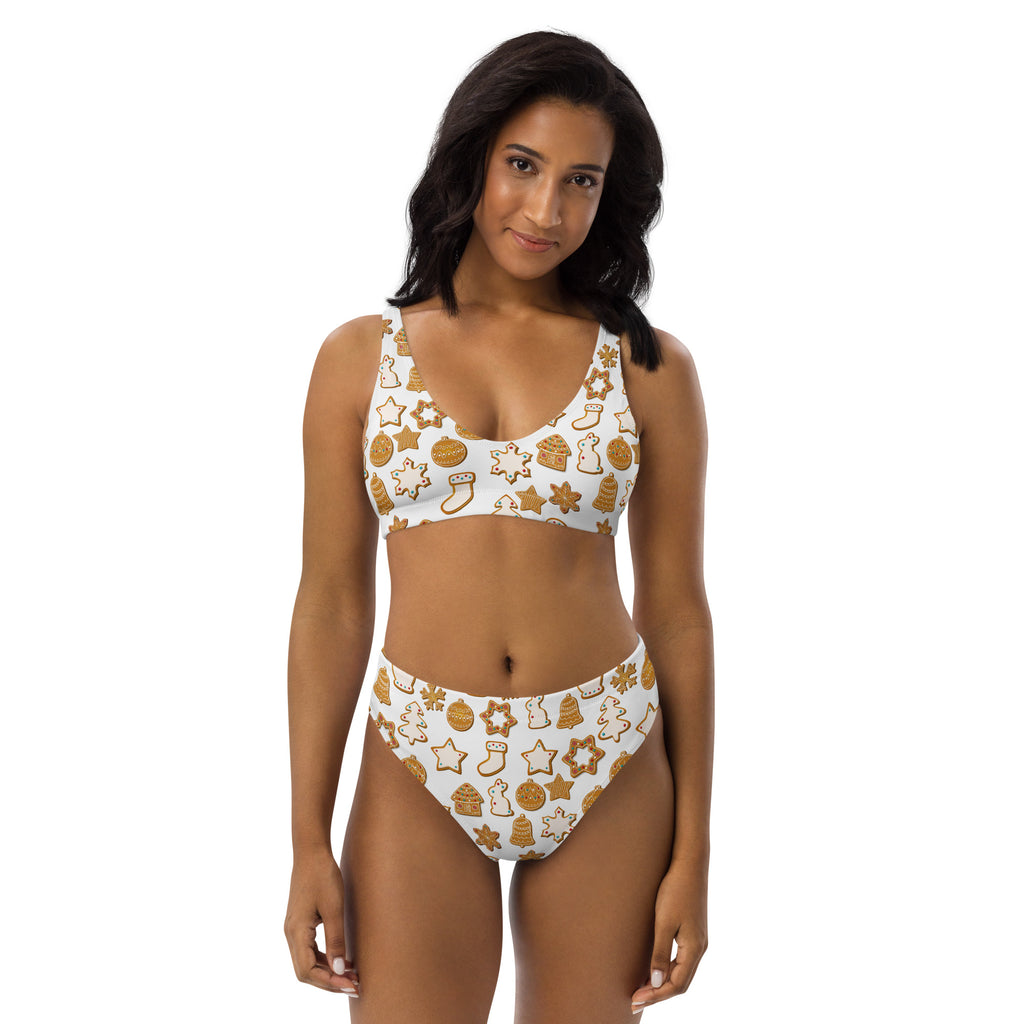 White two-piece recycled bikini with golden gingerbread cookie festive pattern quick drying fabric upf 50+