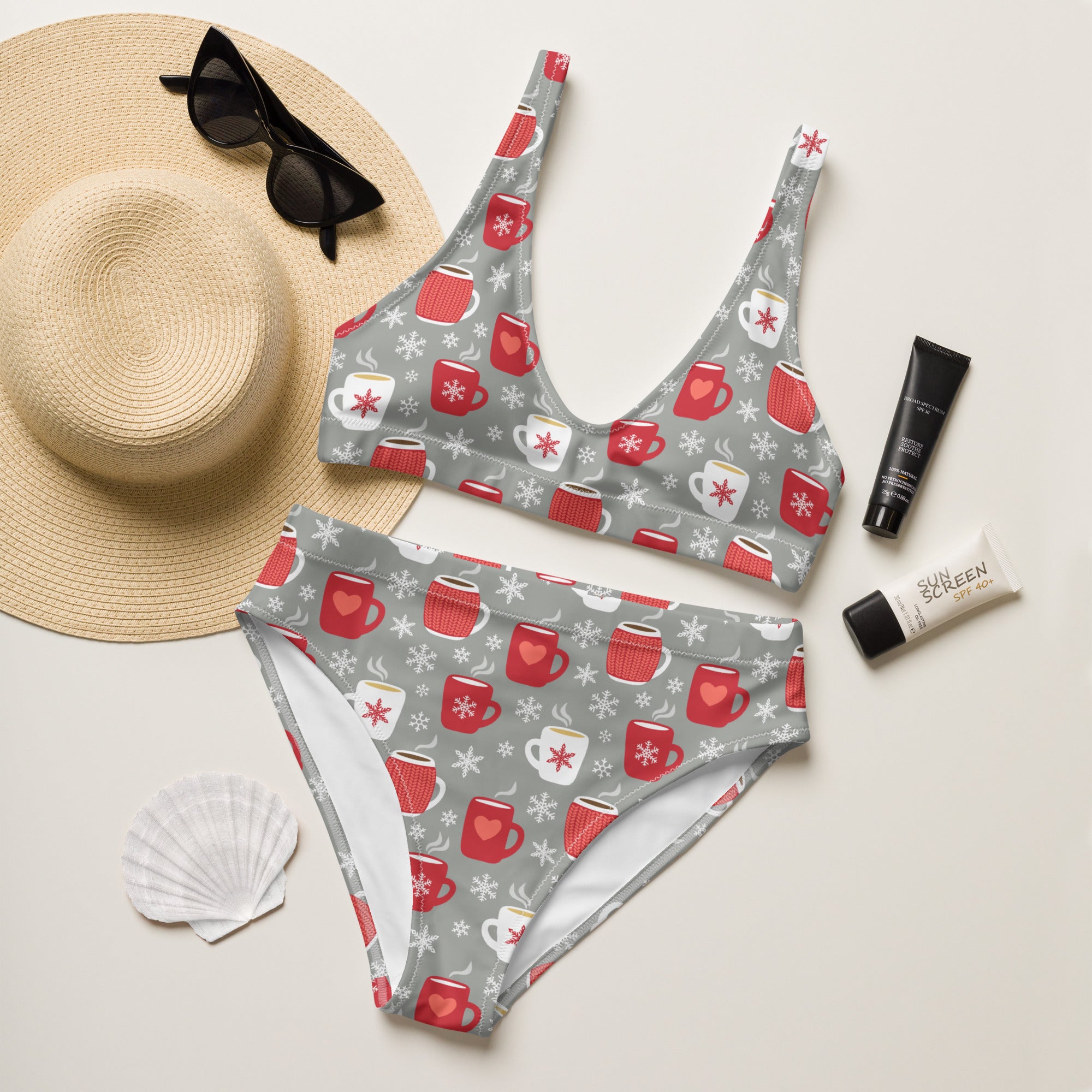 Women’s gray recycled bikini set with red and white coffee mug and snowflake patterns quick drying fabric upf 50+