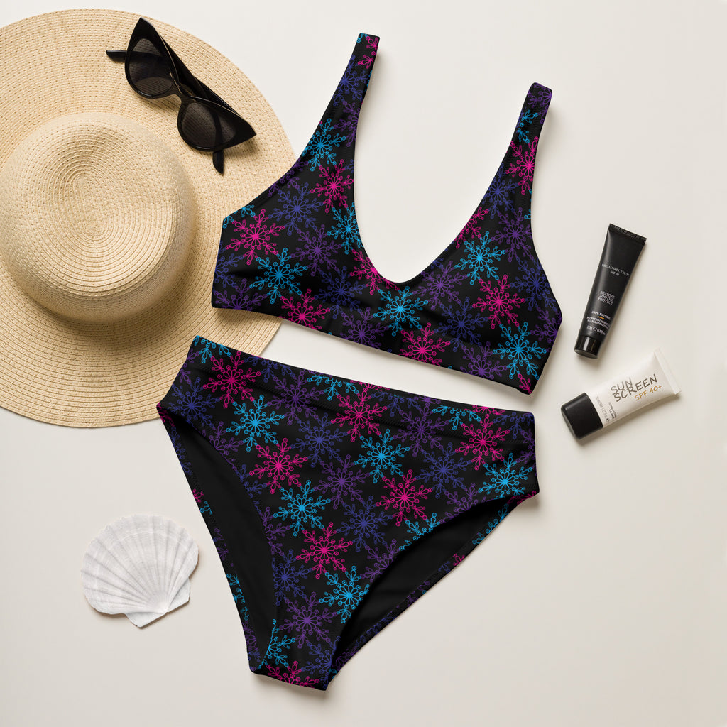 Women’s black neon snowflake recycled bikini with pink and blue snowflakes quick drying fabric upf 50+