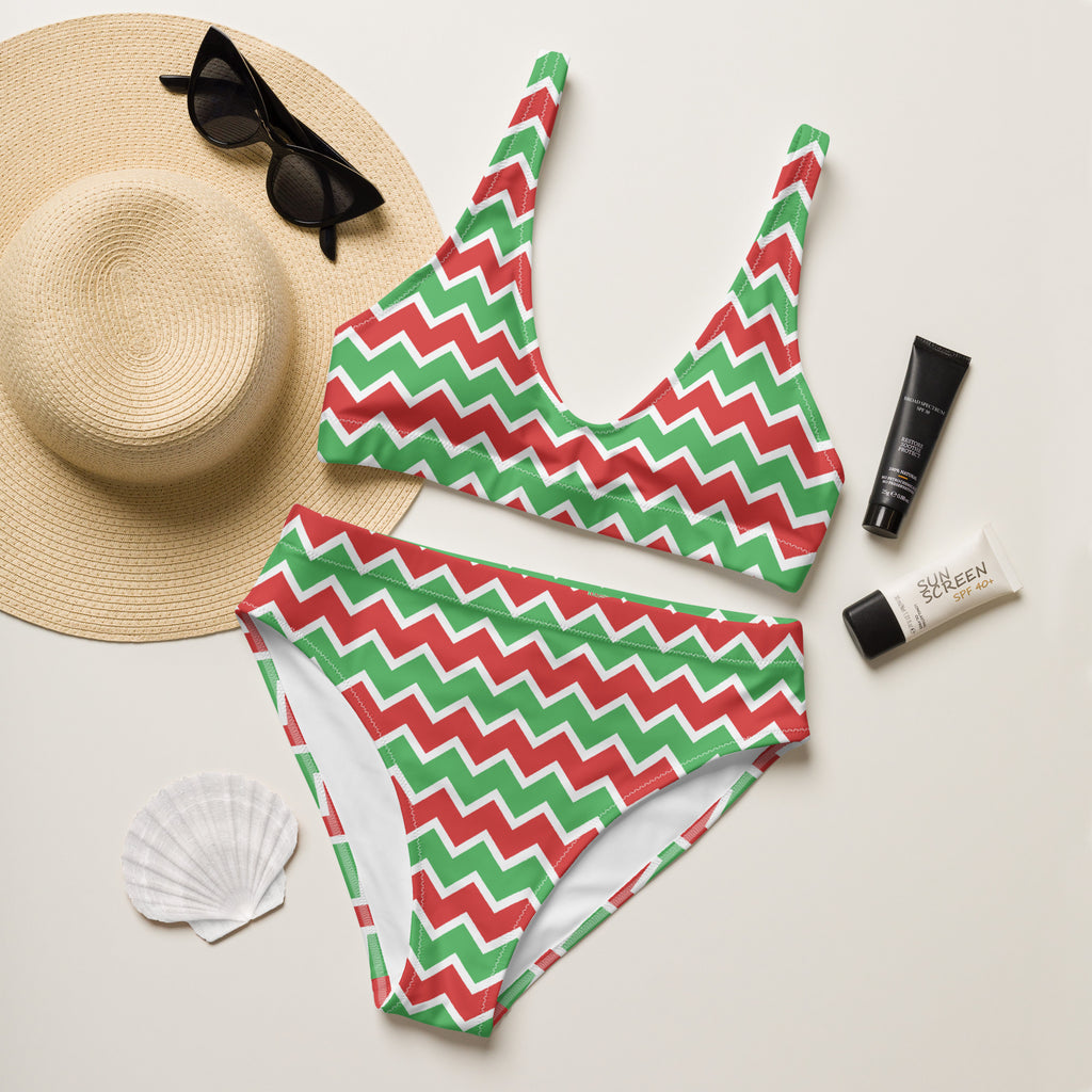 Women’s christmas chevron two-piece bikini set in red and green with white trim made from quick drying recycled fabric with upf 50+
