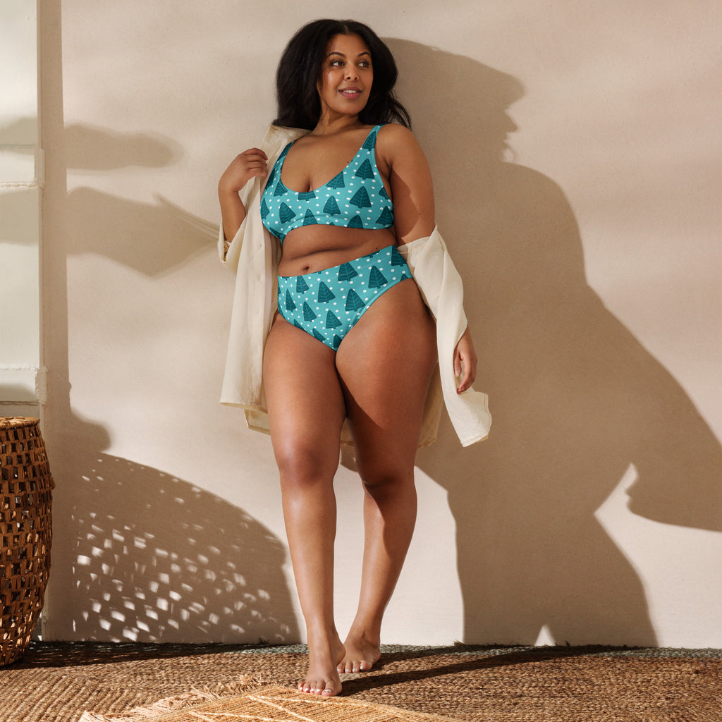 Women’s teal winter tree recycled bikini two-piece set with geometric triangle pattern and white polka dots