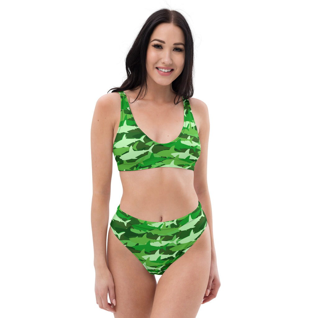 Women's Green Shark Camouflage Recycled Bikini - Removable Padding, Buttery Soft Quick-Drying UPF 50+ Fabric