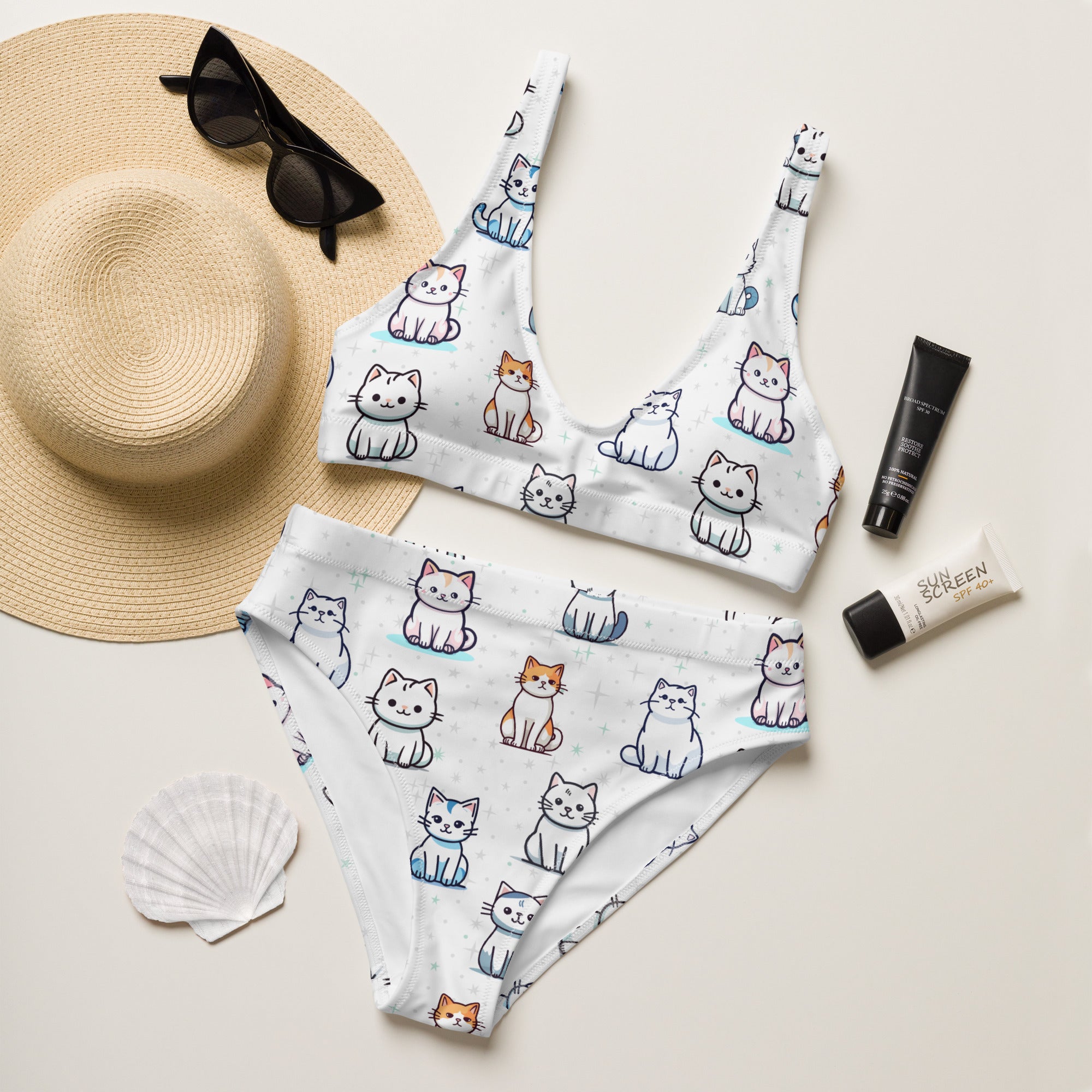 Women's Cute Cat Recycled Bikini - Removable Padding, Buttery Soft Quick-Drying UPF 50+ Fabric