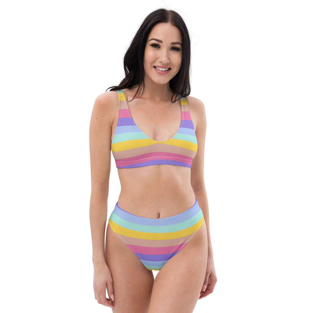 Women's Pastel Rainbow Stripe Recycled Bikini - Removable Padding, Buttery Soft Quick-Drying UPF 50+ Fabric