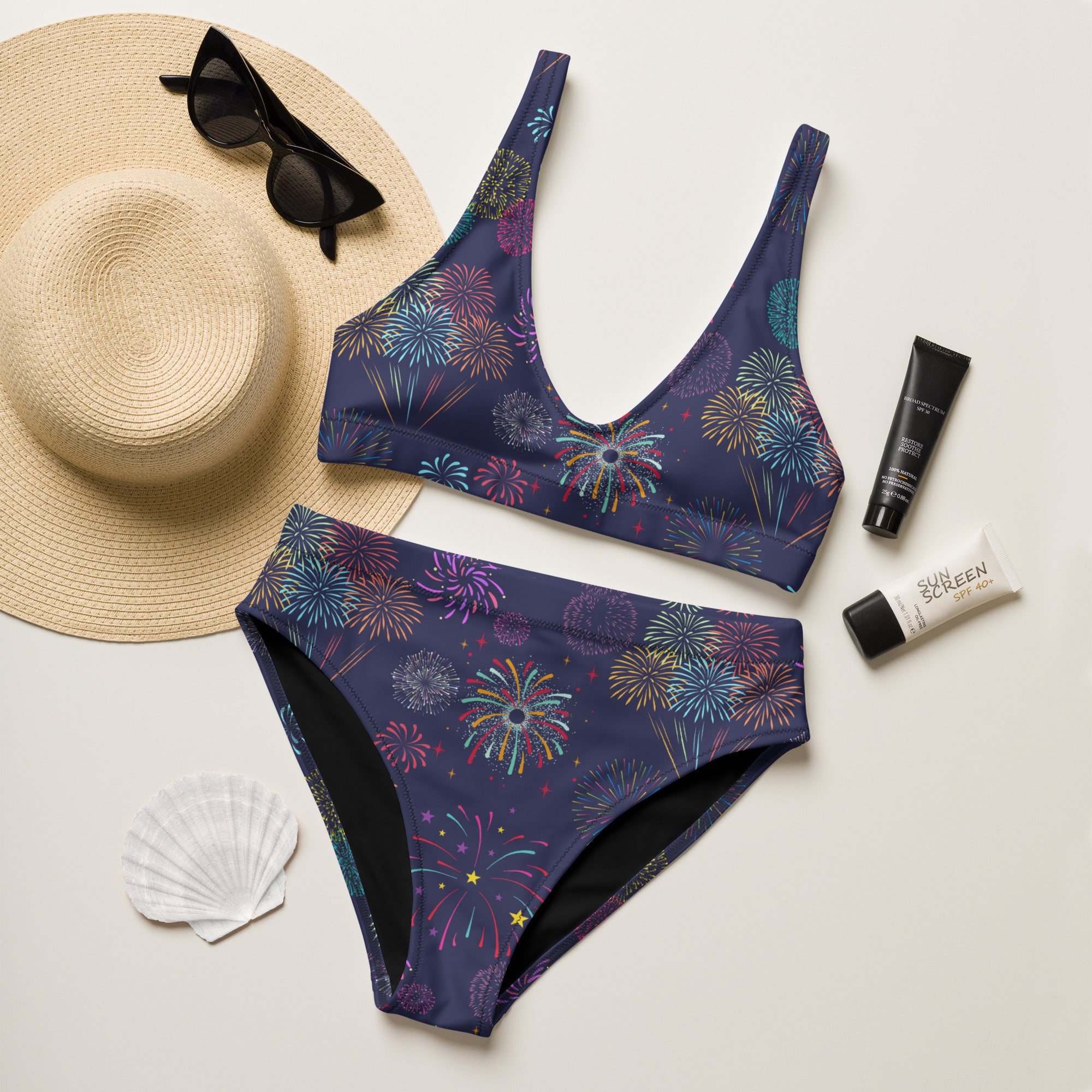 Women's Colorful Fireworks 4th of July Recycled Bikini - Removable Padding, Buttery Soft Quick-Drying UPF 50+ Fabric