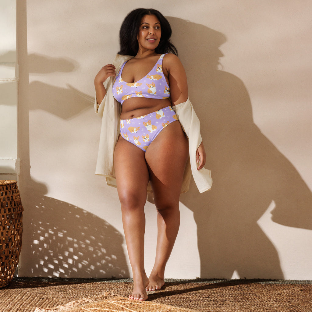 Women's Purple Corgi Dog Recycled Bikini - Removable Padding, Buttery Soft Quick-Drying UPF 50+ Fabric