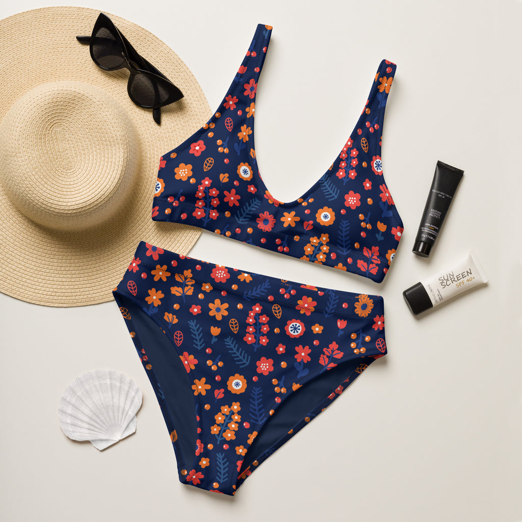 Women's Navy Floral Recycled Bikini - Removable Padding, Buttery Soft Quick-Drying UPF 50+ Fabric