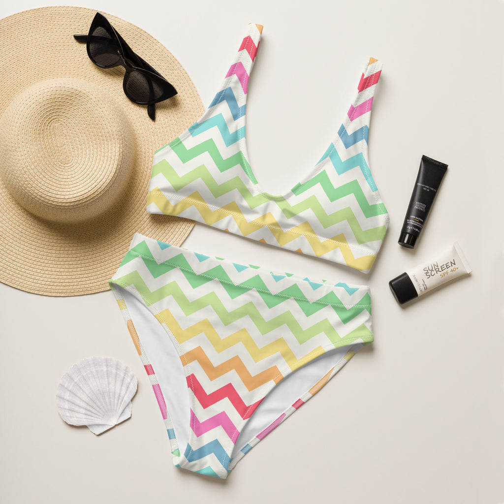 Women's Colorful Pastel Chevron Recycled Bikini - Removable Padding, Buttery Soft Quick-Drying UPF 50+ Fabric