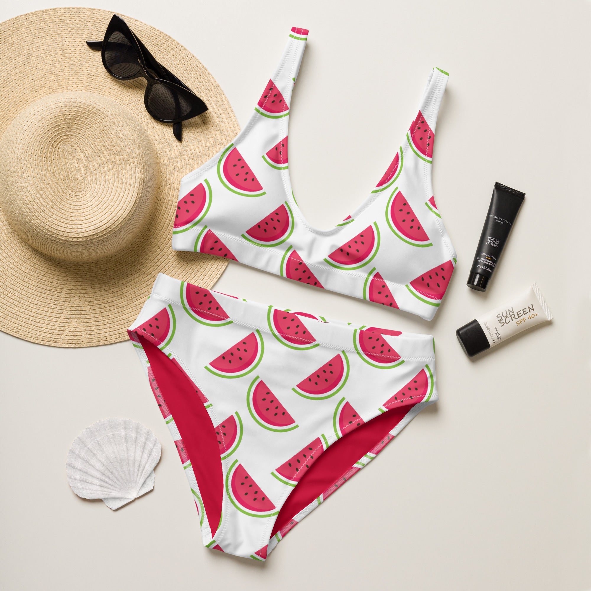 Women's Watermelon Themed Recycled Bikini - Removable Padding, Buttery Soft Quick-Drying UPF 50+ Fabric