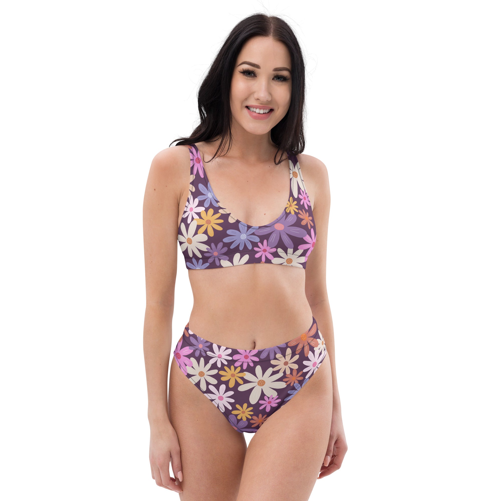 Women's Purple Daisy Floral Recycled Bikini - Removable Padding, Buttery Soft Quick-Drying UPF 50+ Fabric