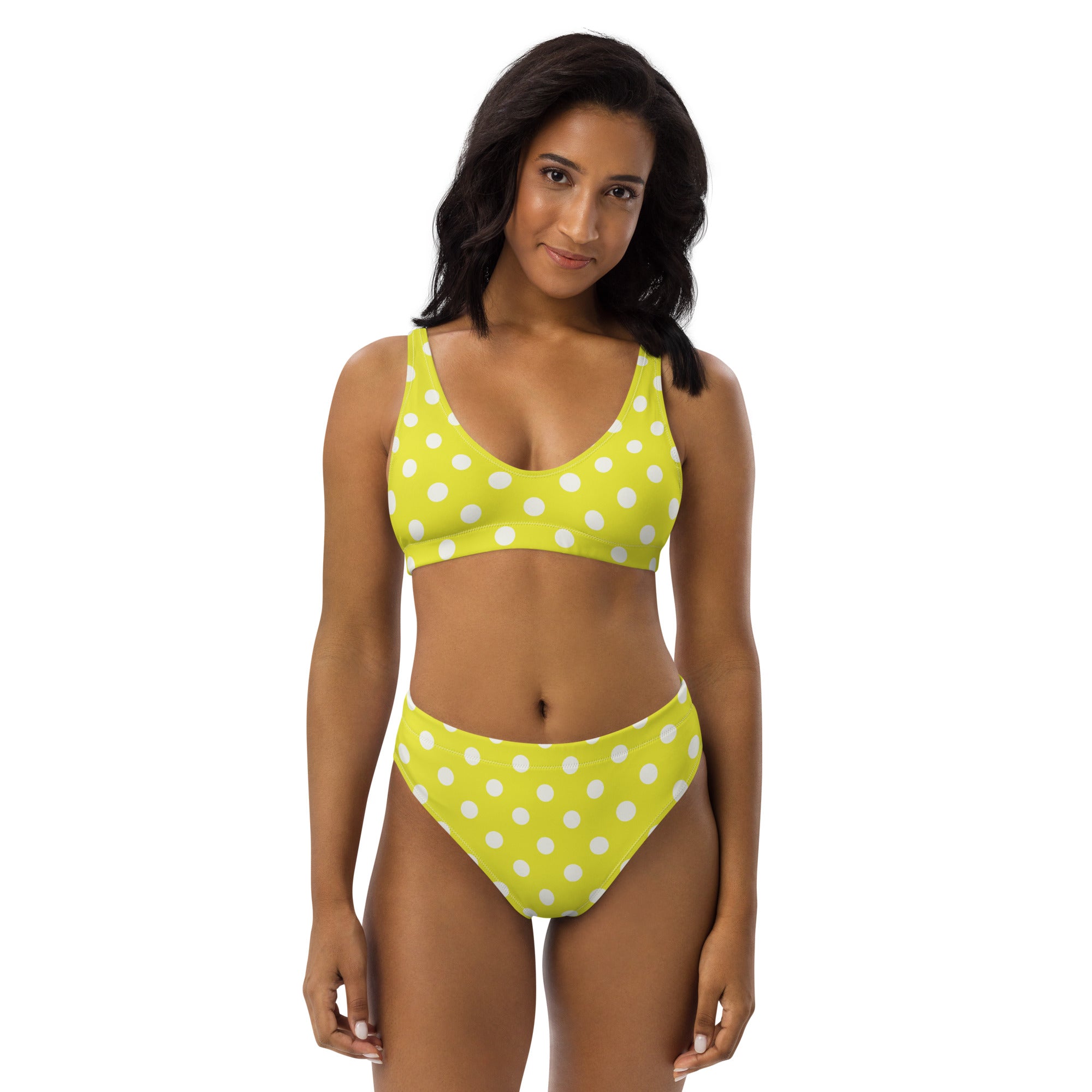 Women's Bright Yellow Polka Dot Recycled Bikini - Removable Padding, Buttery Soft Quick-Drying UPF 50+ Fabric