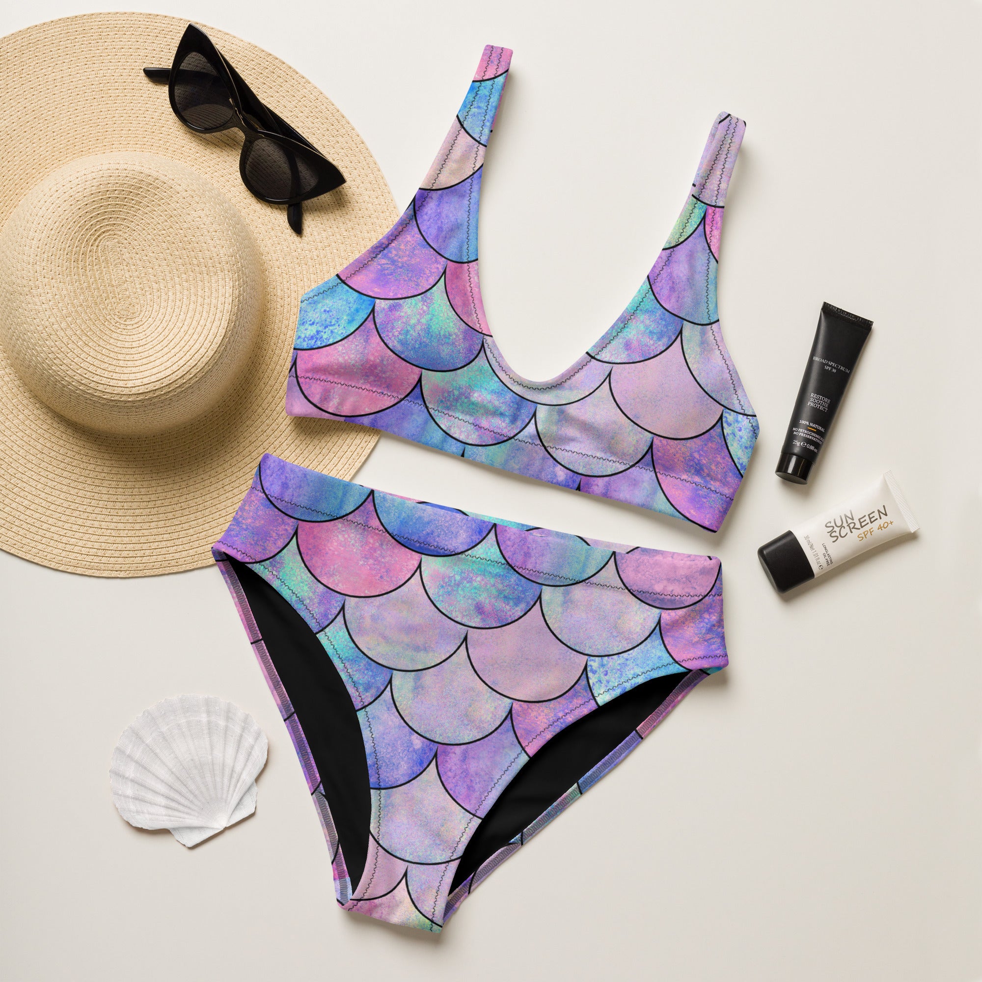 Women's Pastel Mermaid Recycled Bikini - Removable Padding, Buttery Soft Quick-Drying UPF 50+ Fabric