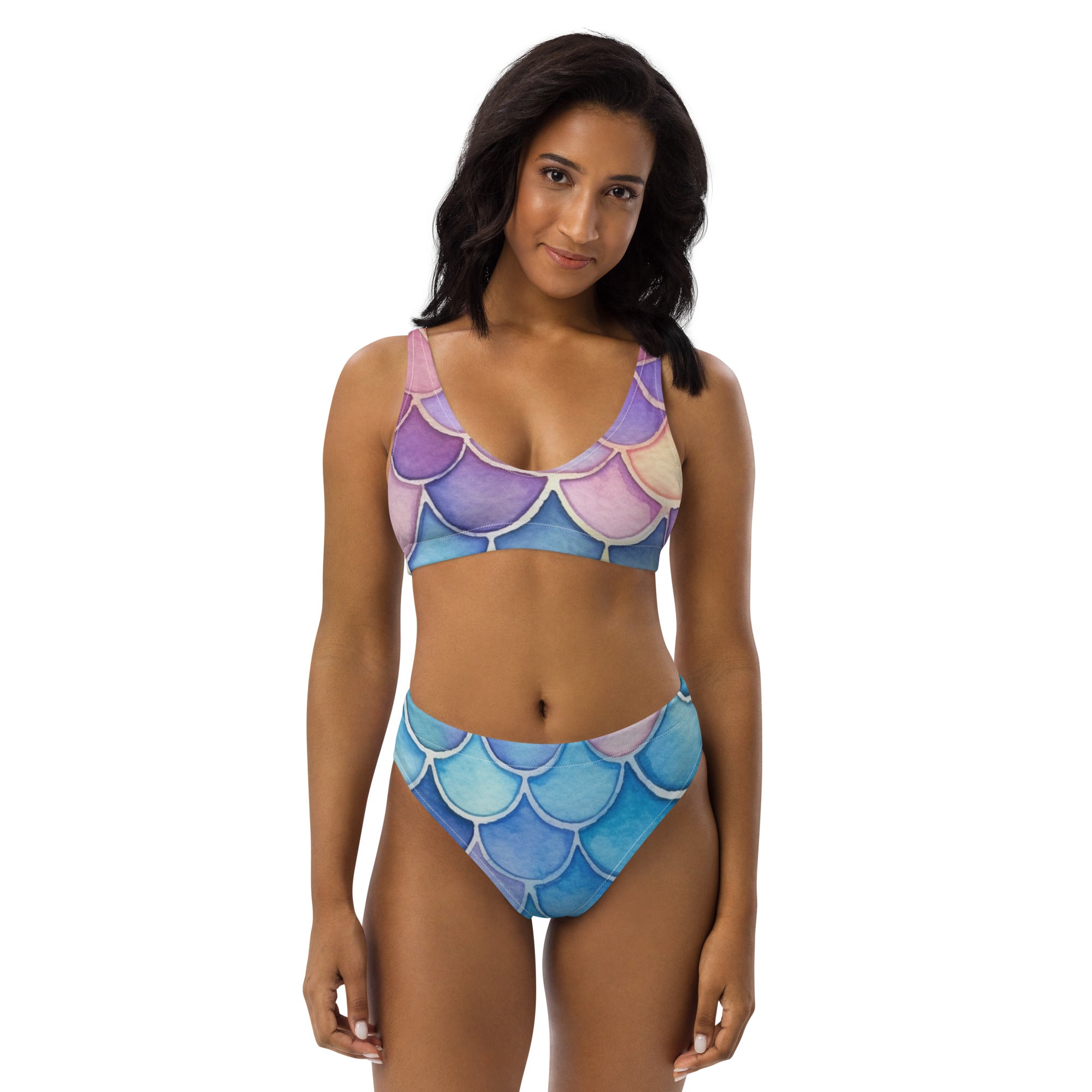 Women's Watercolor Mermaid Recycled Bikini - Removable Padding, Buttery Soft Quick-Drying UPF 50+ Fabric