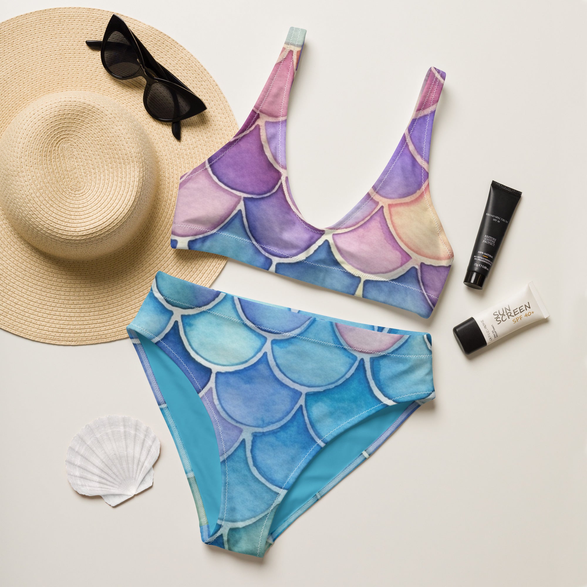 Women's Watercolor Mermaid Recycled Bikini - Removable Padding, Buttery Soft Quick-Drying UPF 50+ Fabric