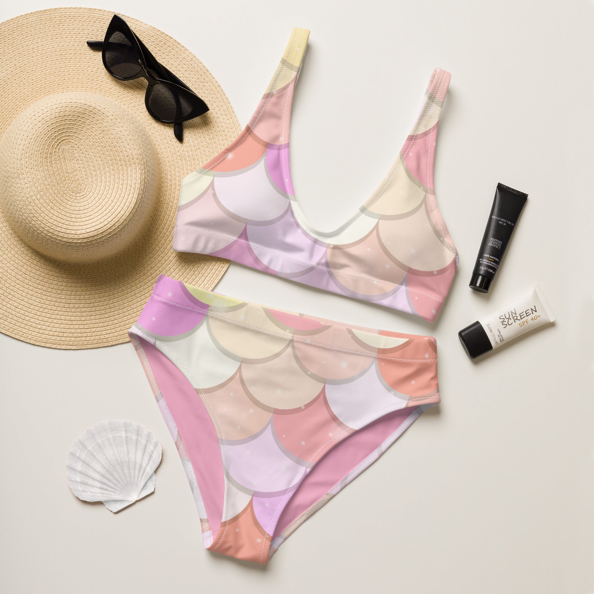 Women's Pink Mermaid Recycled Bikini - Removable Padding, Buttery Soft Quick-Drying UPF 50+ Fabric