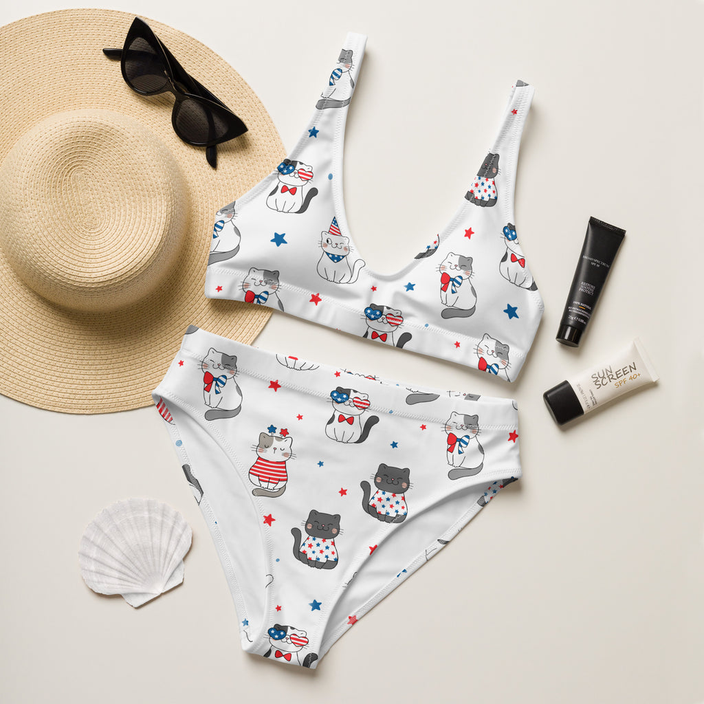 Women's Patriotic Cat Recycled Bikini - Removable Padding, Buttery Soft Quick-Drying UPF 50+ Fabric