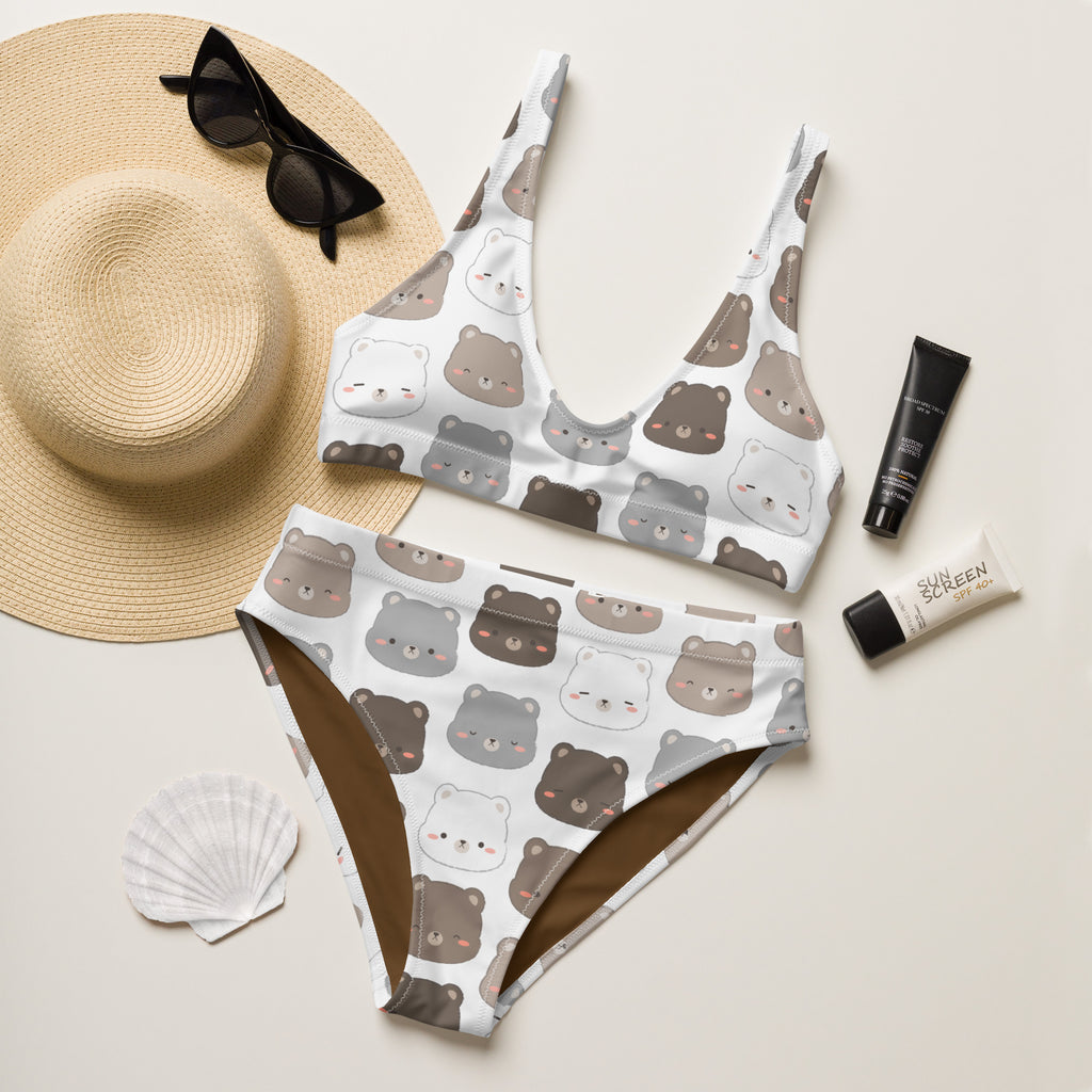 Women's Cute Bear Face Recycled Bikini - Removable Padding, Buttery Soft Quick-Drying UPF 50+ Fabric
