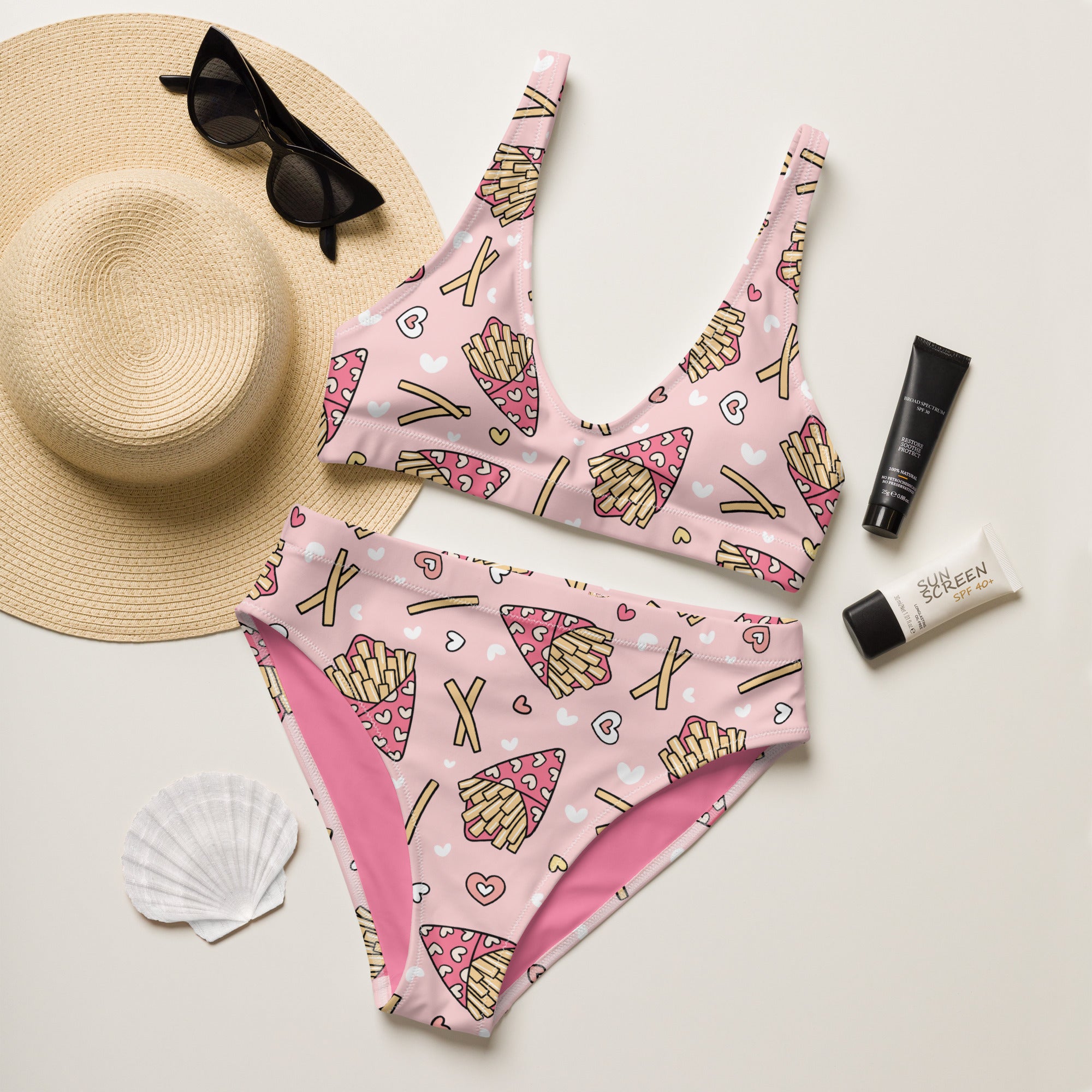Women's Pink French Fries Recycled Bikini - Removable Padding, Buttery Soft Quick-Drying UPF 50+ Fabric