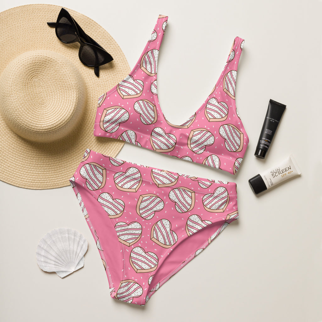 Women's Pink Heart Cookies Recycled Bikini - Removable Padding, Buttery Soft Quick-Drying UPF 50+ Fabric