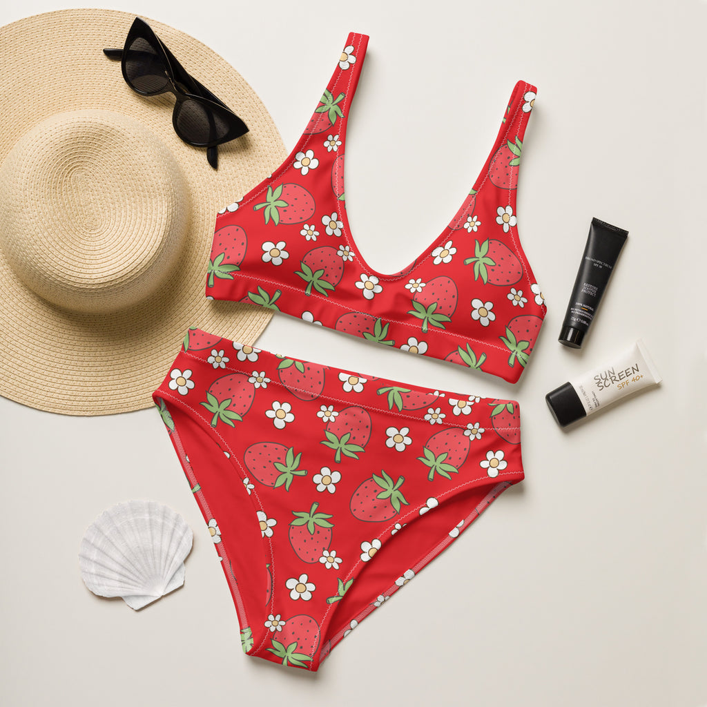 Women's Red Strawberry Recycled Bikini - Removable Padding, Buttery Soft Quick-Drying UPF 50+ Fabric