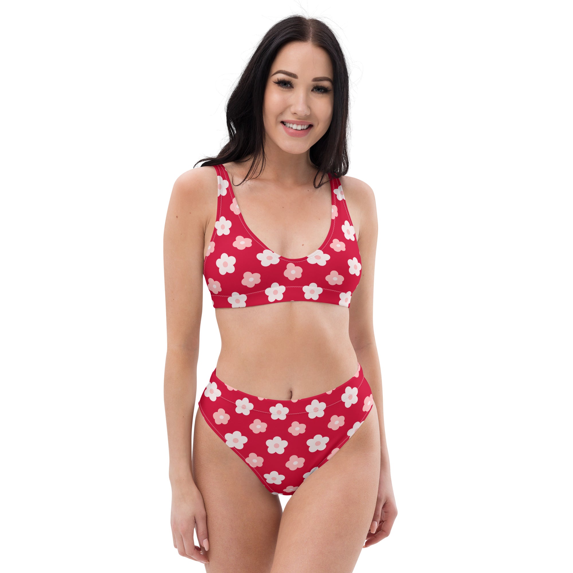 Women's Red Daisy Recycled Bikini - Removable Padding, Buttery Soft Quick-Drying UPF 50+ Fabric