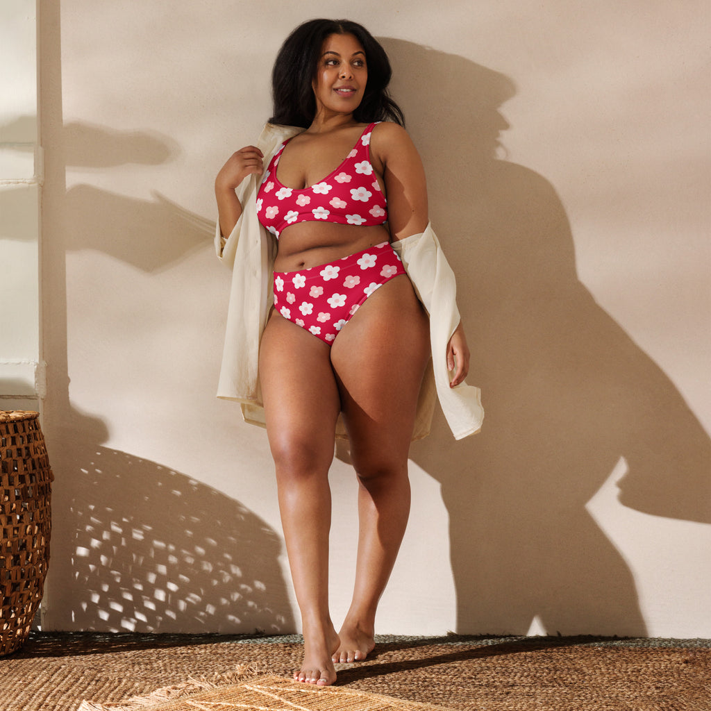 Women's Red Daisy Recycled Bikini - Removable Padding, Buttery Soft Quick-Drying UPF 50+ Fabric