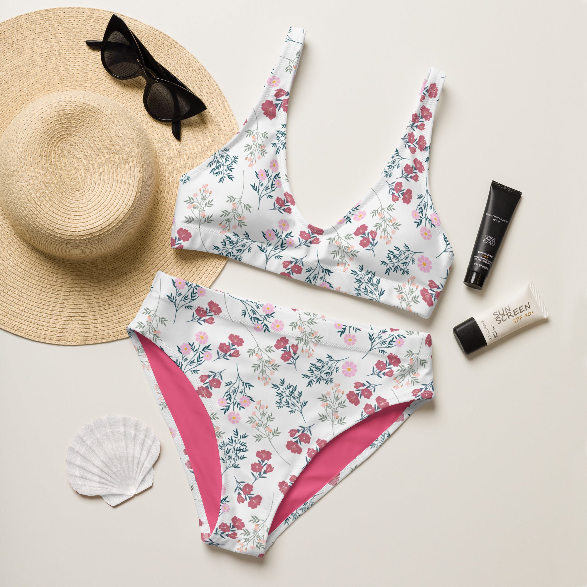Women's White Floral Recycled Bikini - Removable Padding, Buttery Soft Quick-Drying UPF 50+ Fabric