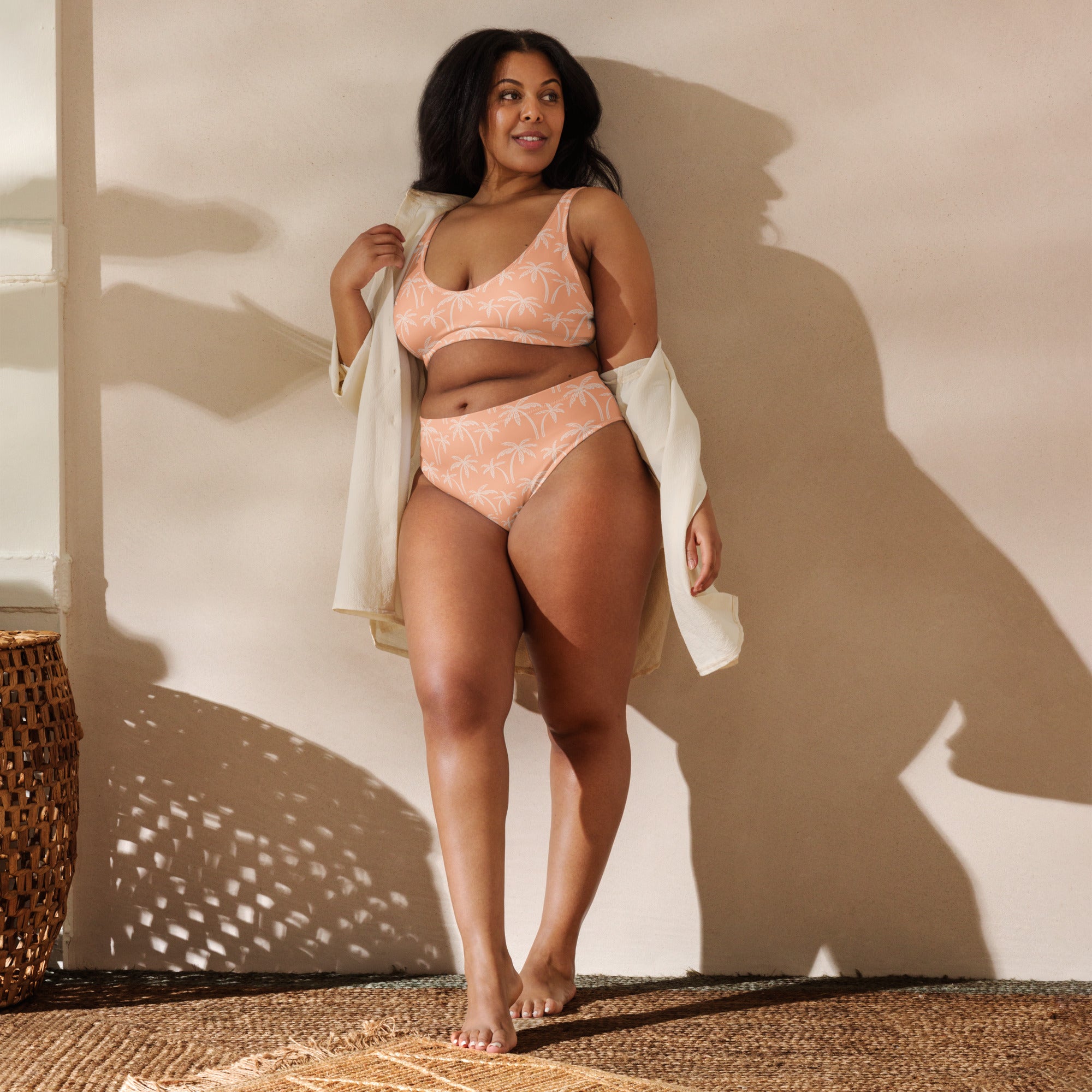 Women's Peach Palm Tree Recycled Bikini - Removable Padding, Buttery Soft Quick-Drying UPF 50+ Fabric