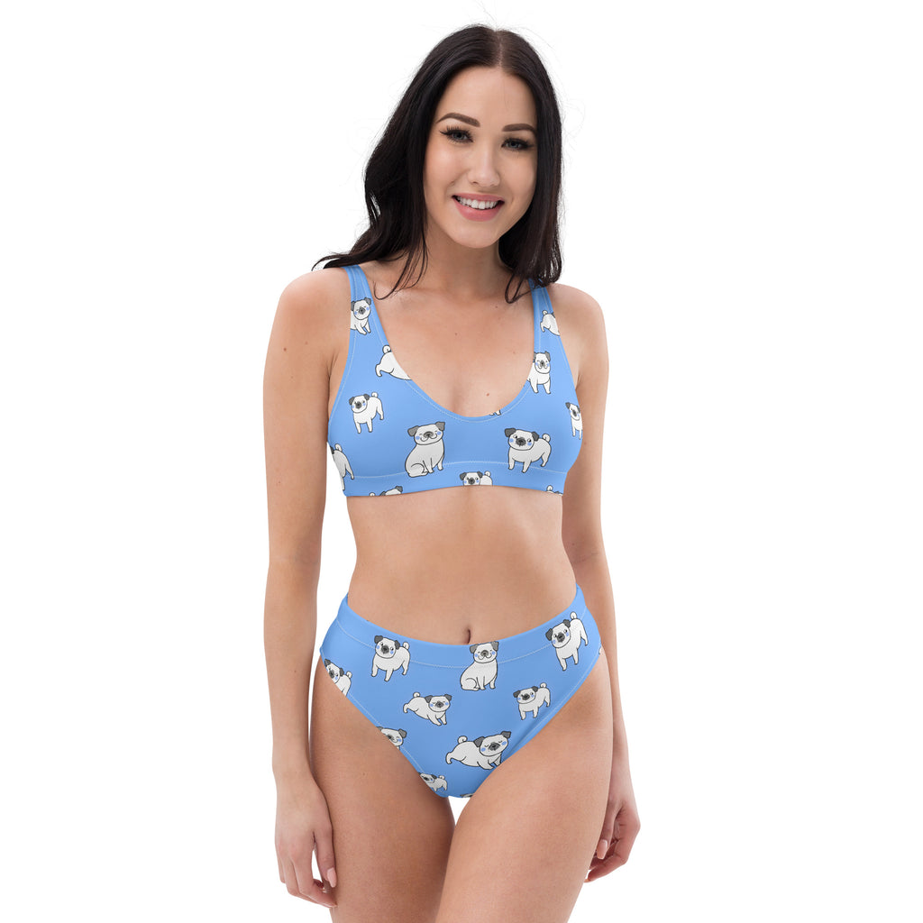 Women's Blue Pug Recycled Bikini - Removable Padding, Buttery Soft Quick-Drying UPF 50+ Fabric