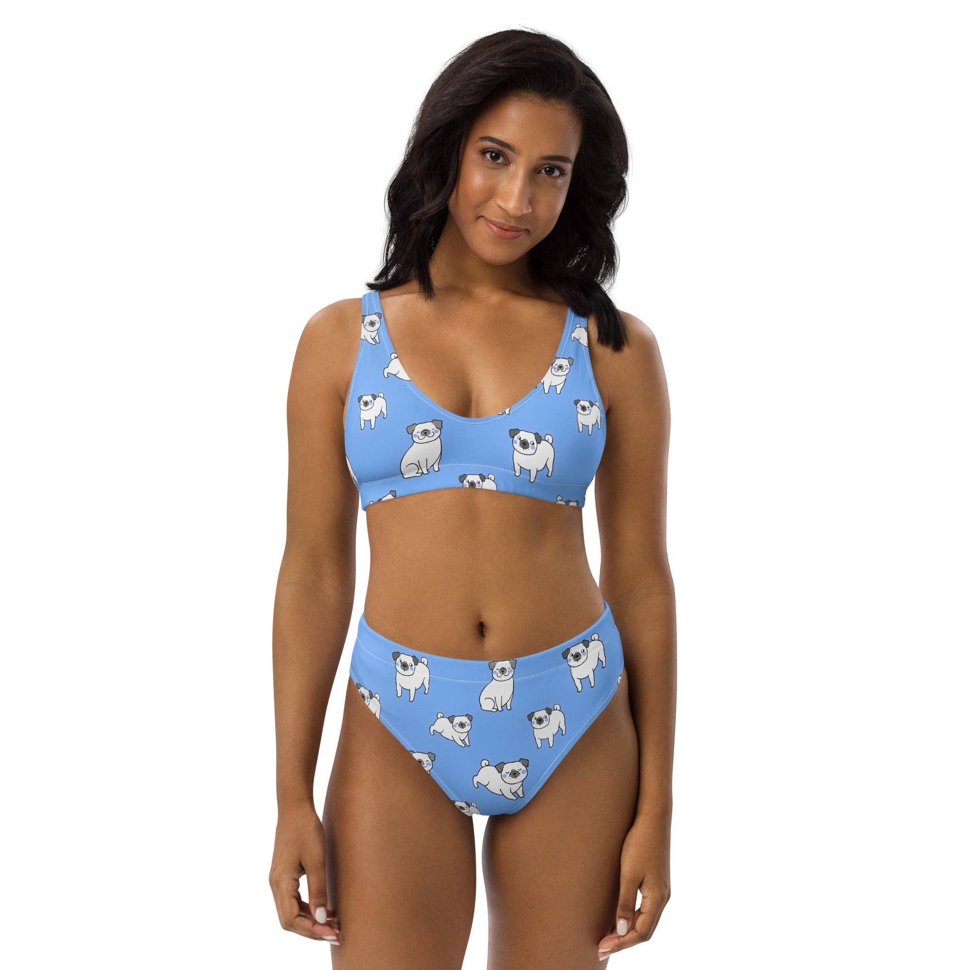 Women's Blue Pug Recycled Bikini - Removable Padding, Buttery Soft Quick-Drying UPF 50+ Fabric