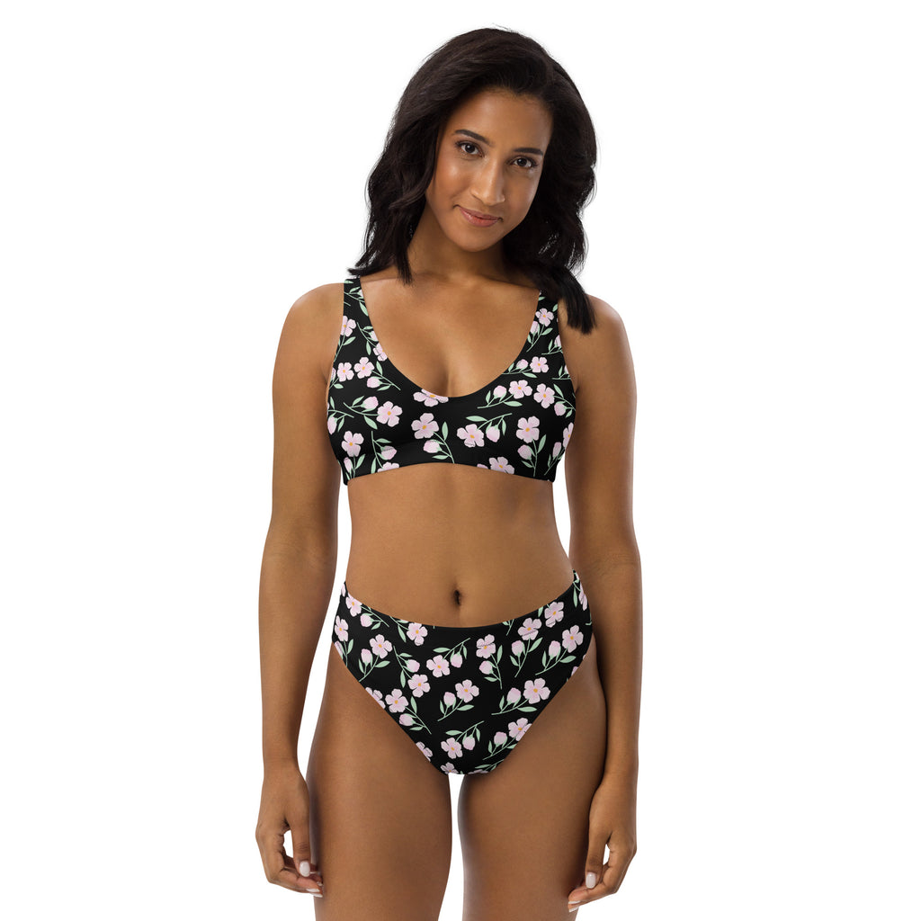 Women's Black Floral Recycled Bikini - Removable Padding, Buttery Soft Quick-Drying UPF 50+ Fabric
