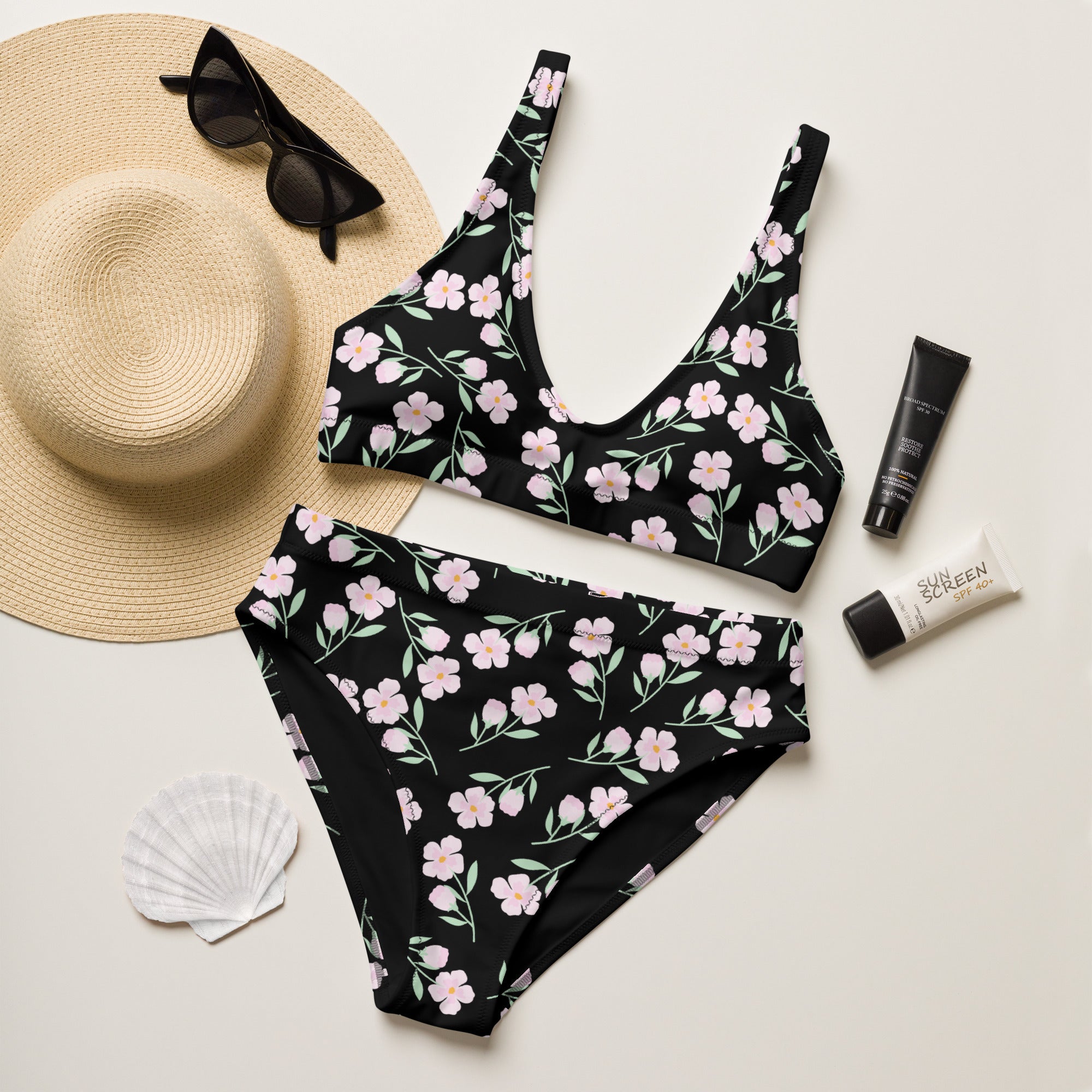 Women's Black Floral Recycled Bikini - Removable Padding, Buttery Soft Quick-Drying UPF 50+ Fabric
