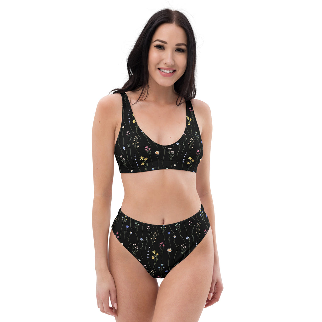 Women's Black Wildflower Recycled Bikini - Removable Padding, Buttery Soft Quick-Drying UPF 50+ Fabric