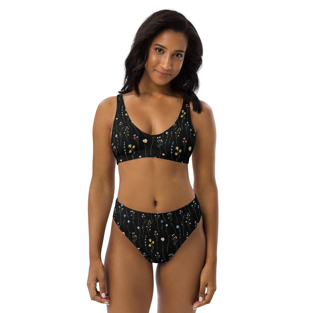 Women's Black Wildflower Recycled Bikini - Removable Padding, Buttery Soft Quick-Drying UPF 50+ Fabric