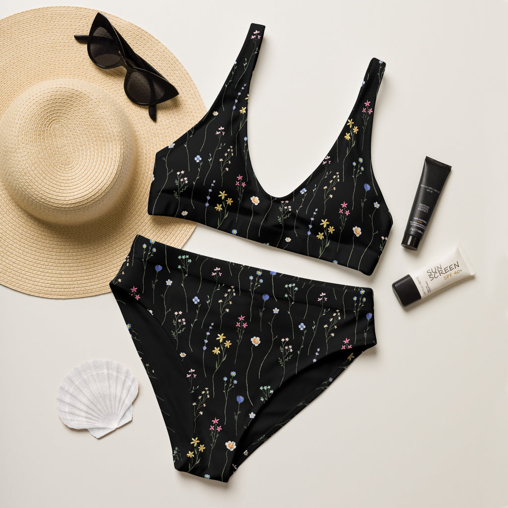 Women's Black Wildflower Recycled Bikini - Removable Padding, Buttery Soft Quick-Drying UPF 50+ Fabric
