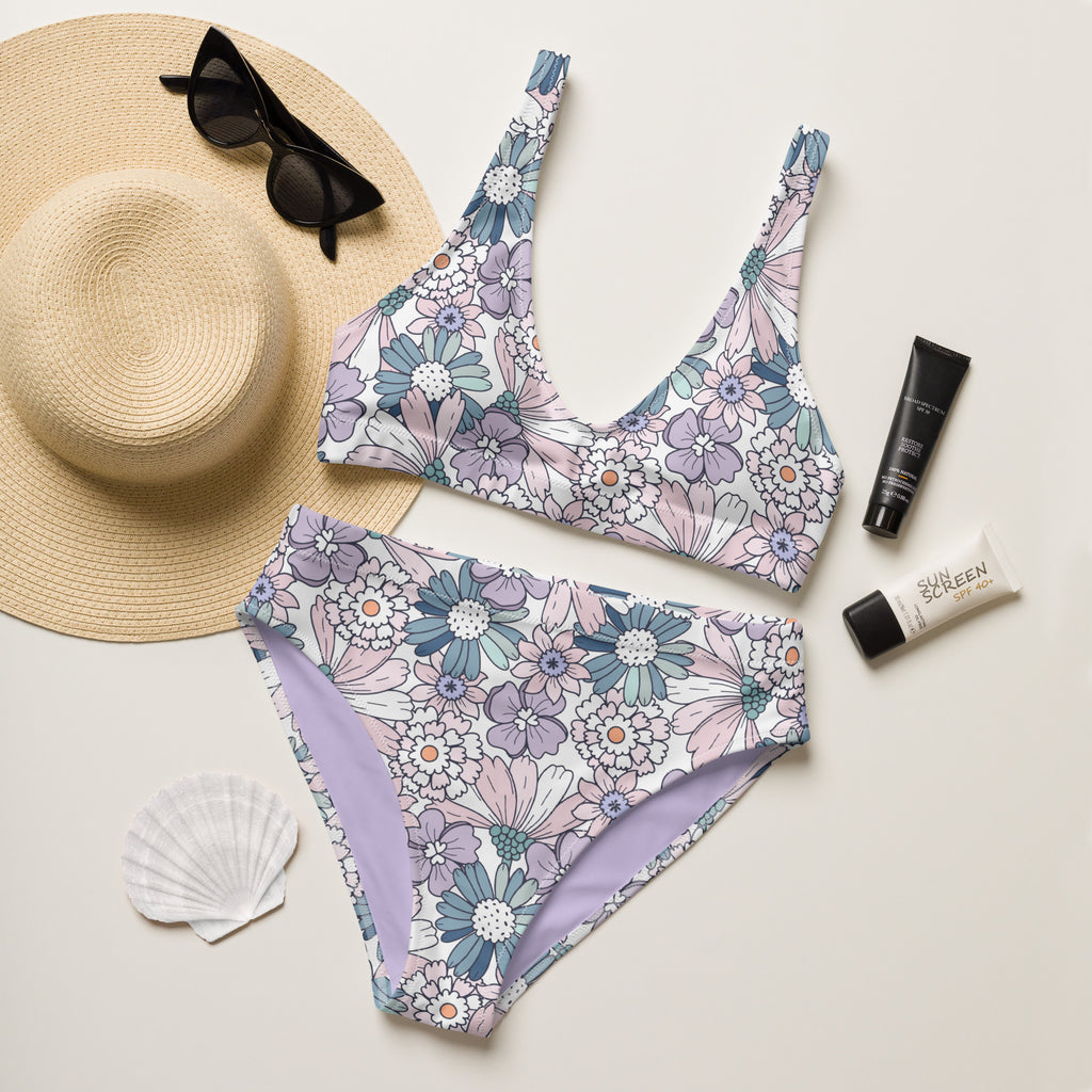 Women's Pastel Purple Floral Recycled Bikini - Removable Padding, Buttery Soft Quick-Drying UPF 50+ Fabric