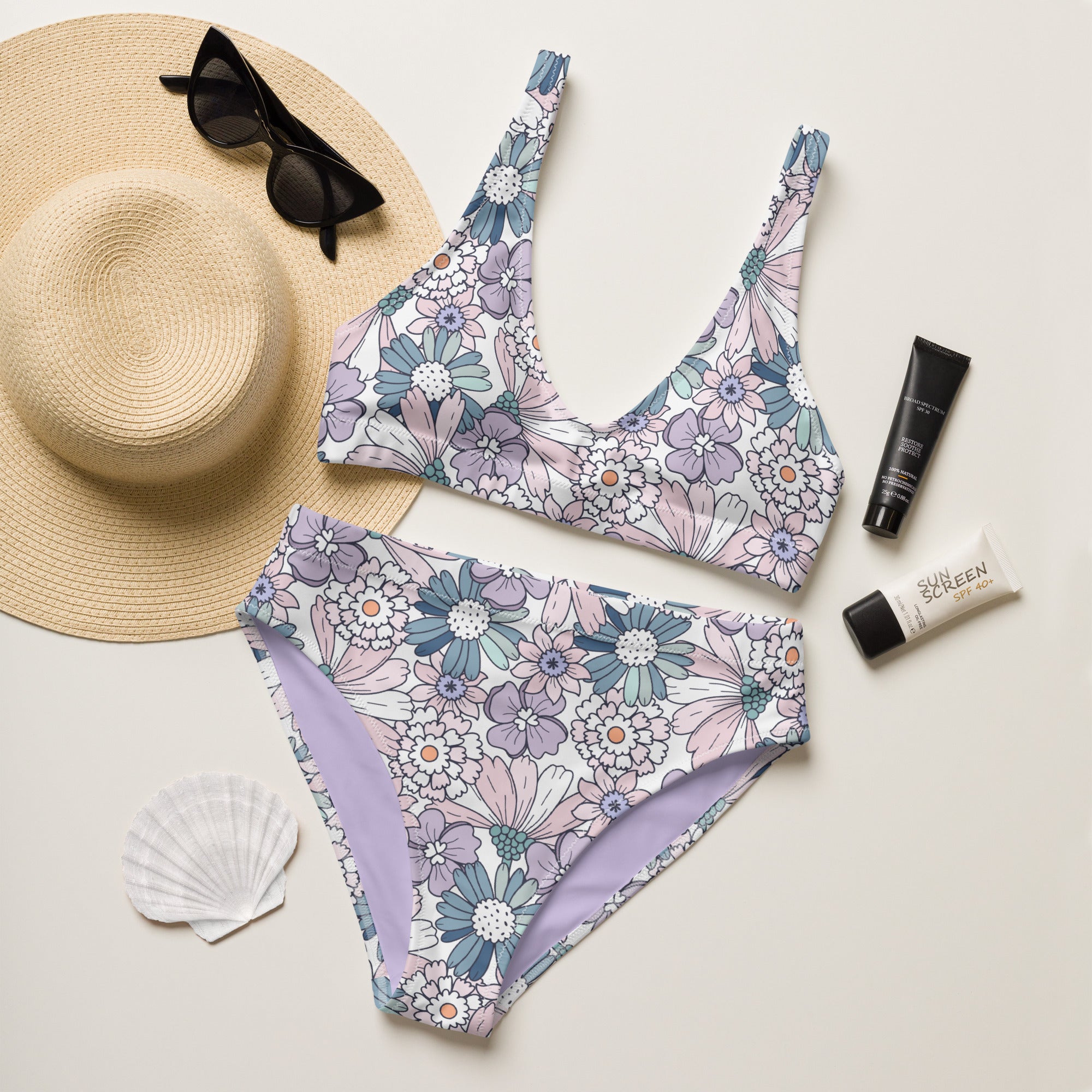 Women's Pastel Purple Floral Recycled Bikini - Removable Padding, Buttery Soft Quick-Drying UPF 50+ Fabric