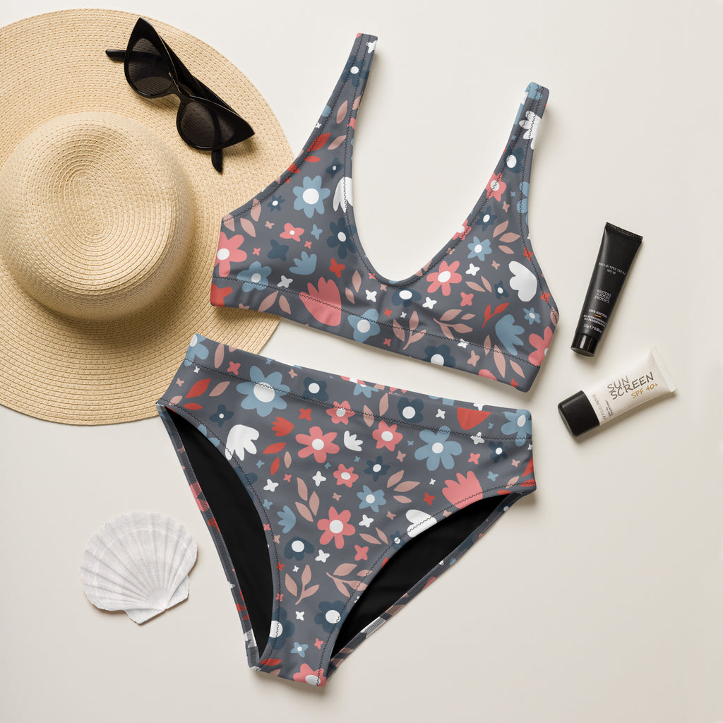 Women's Gray Floral Recycled Bikini - Removable Padding, Buttery Soft Quick-Drying UPF 50+ Fabric