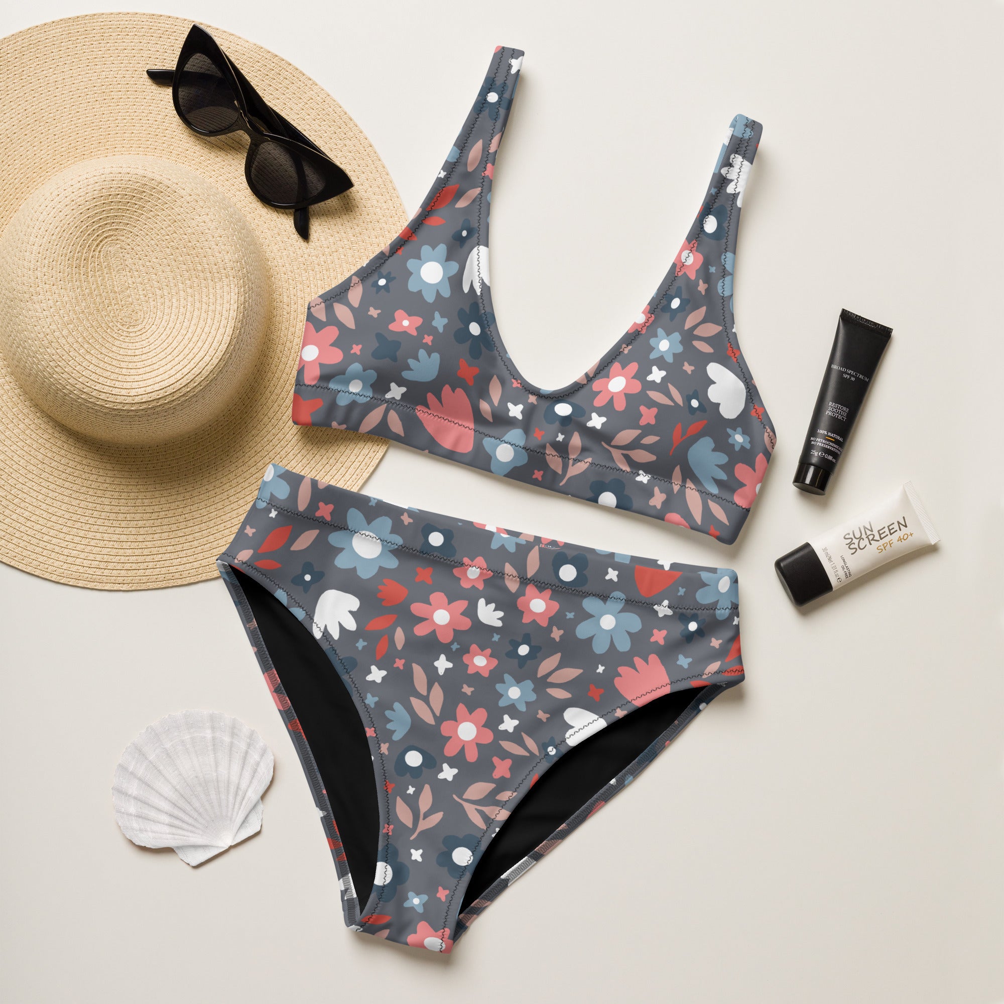 Women's Gray Floral Recycled Bikini - Removable Padding, Buttery Soft Quick-Drying UPF 50+ Fabric