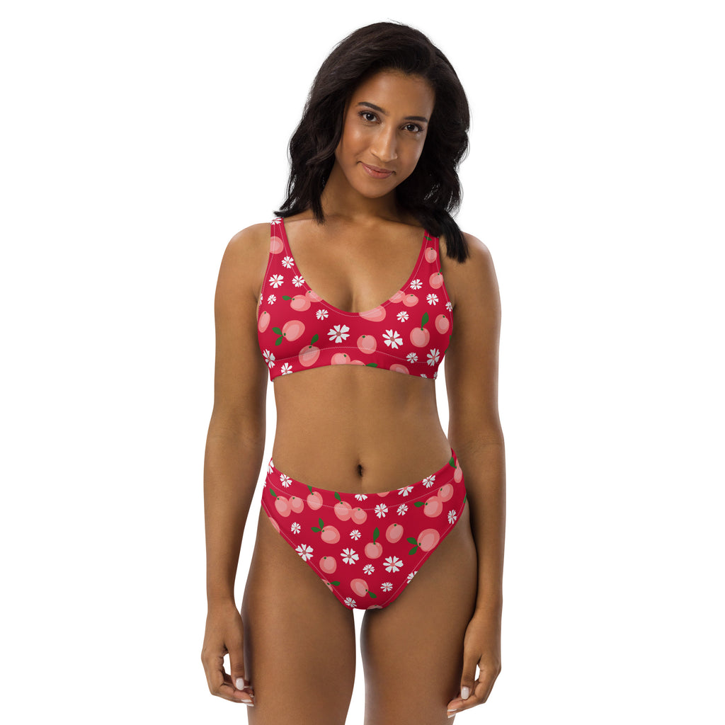 Women's Red Peach Daisy Recycled Bikini - Removable Padding, Buttery Soft Quick-Drying UPF 50+ Fabric