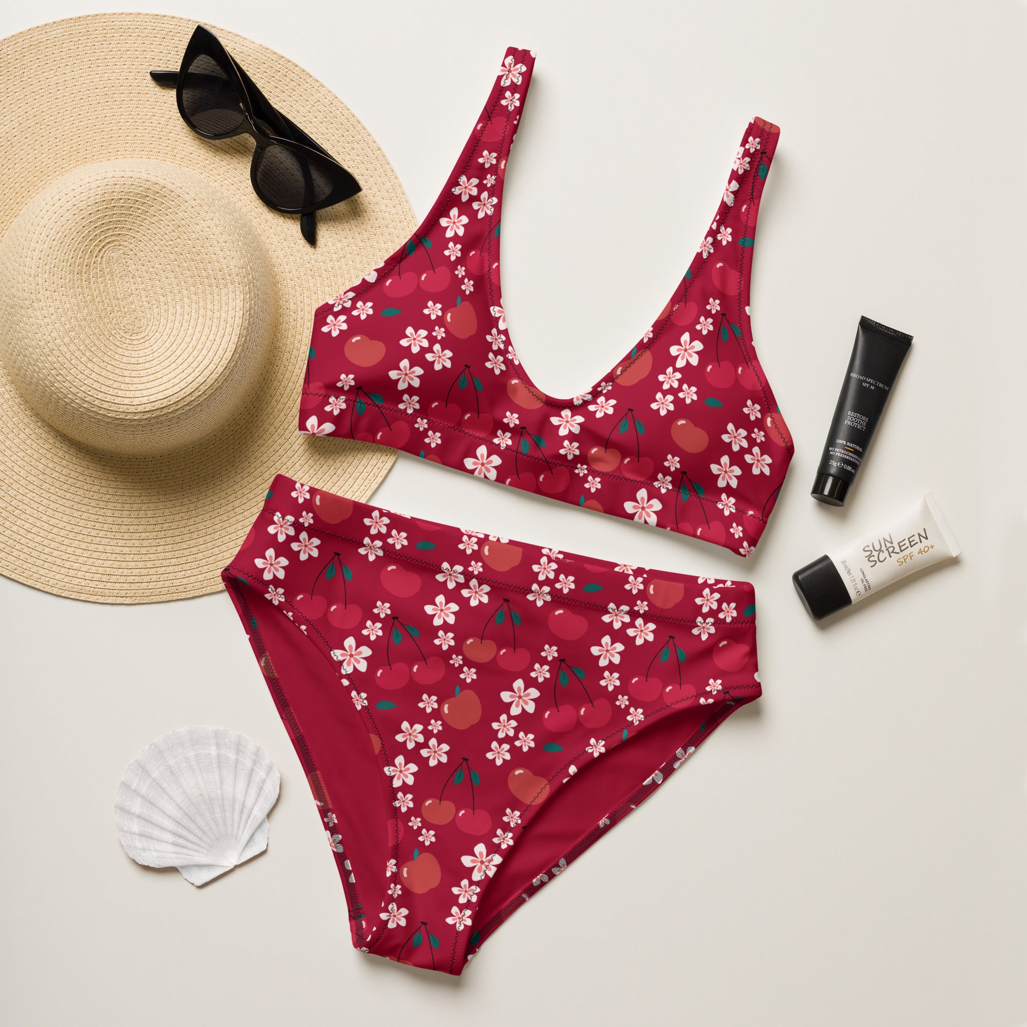 Women's Red Cherry Blossom Recycled Bikini - Removable Padding, Buttery Soft Quick-Drying UPF 50+ Fabric