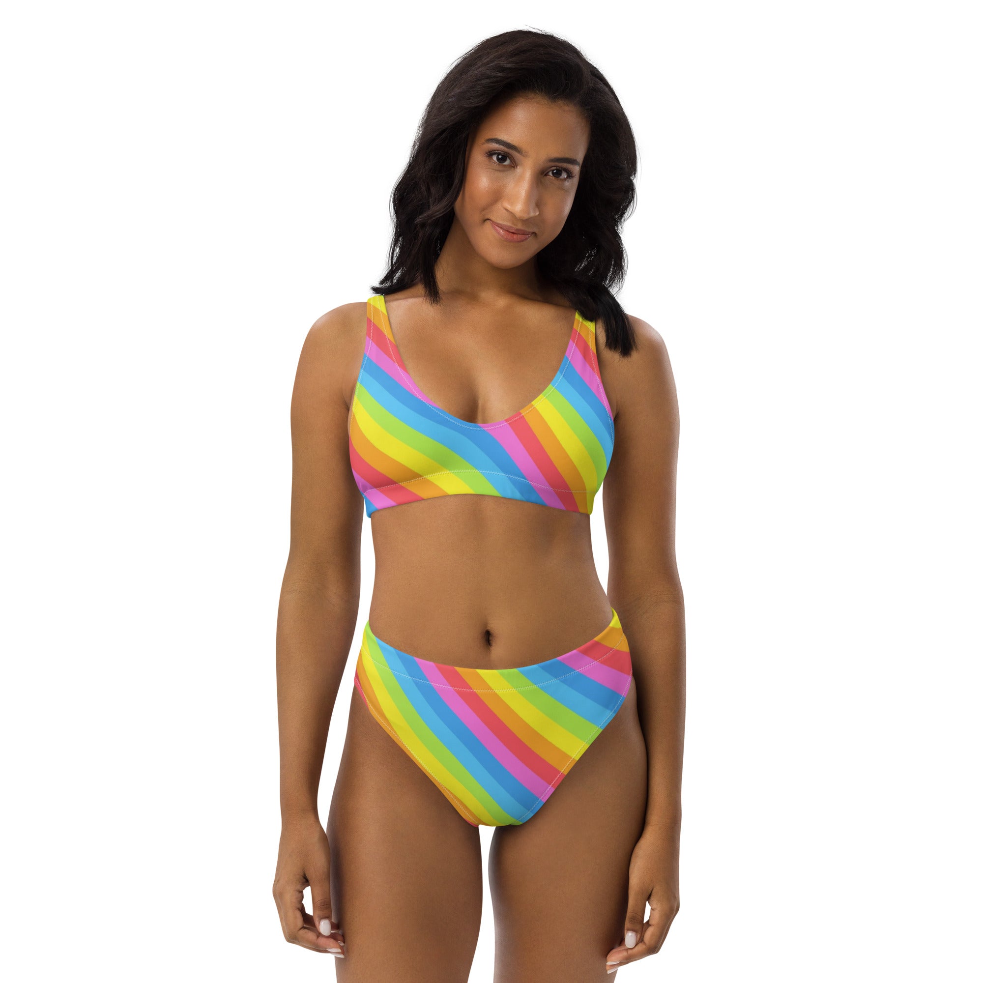 Women's Rainbow Stripe Recycled Bikini - Removable Padding, Buttery Soft Quick-Drying UPF 50+ Fabric