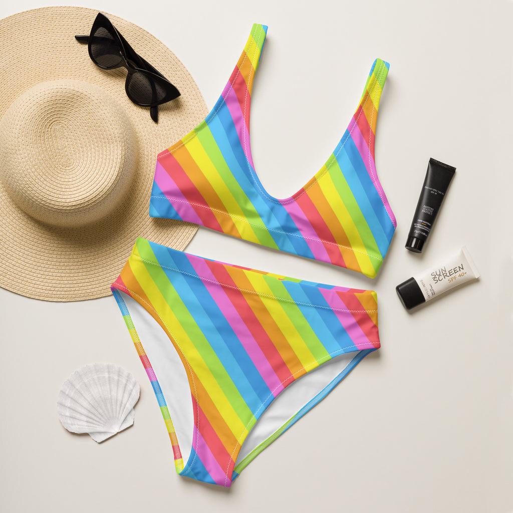 Women's Rainbow Stripe Recycled Bikini - Removable Padding, Buttery Soft Quick-Drying UPF 50+ Fabric