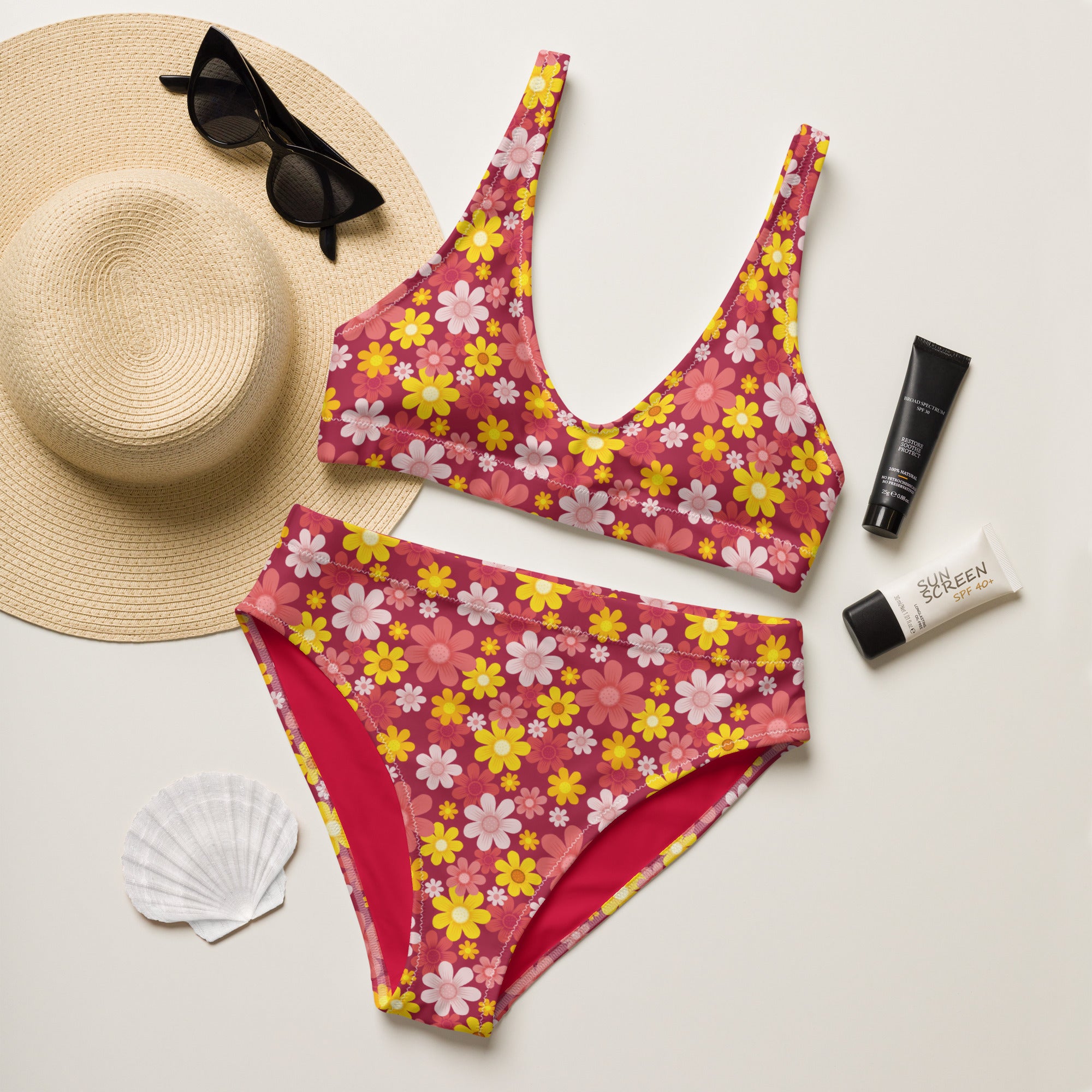 Women's Red Floral Recycled Bikini - Removable Padding, Buttery Soft Quick-Drying UPF 50+ Fabric