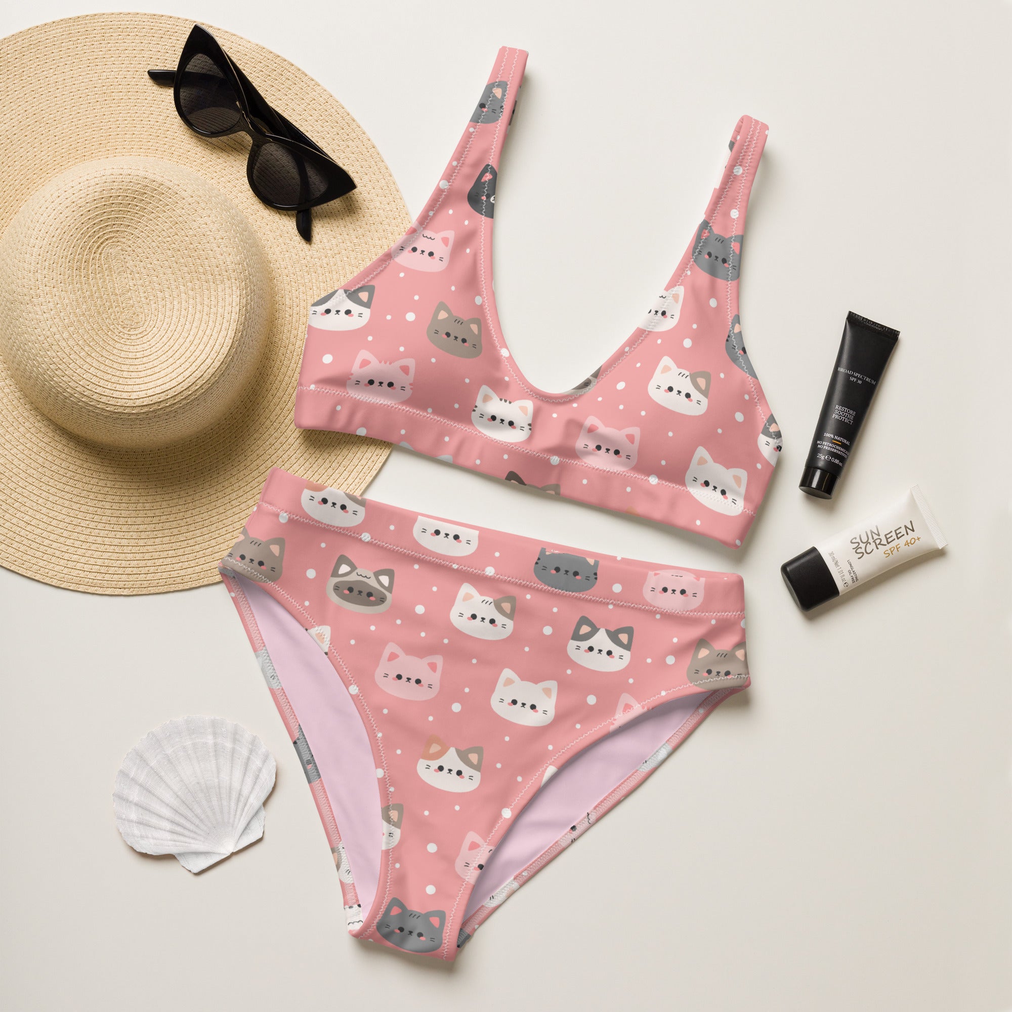 Women's Pink Cat Recycled Bikini - Removable Padding, Buttery Soft Quick-Drying UPF 50+ Fabric