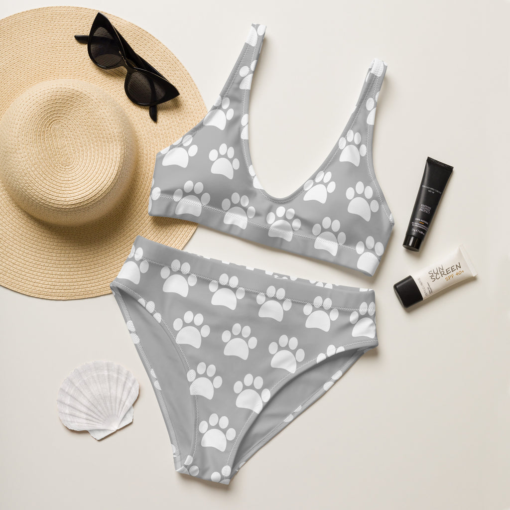 Women's Gray Paw Print Recycled Bikini - Removable Padding, Buttery Soft Quick-Drying UPF 50+ Fabric